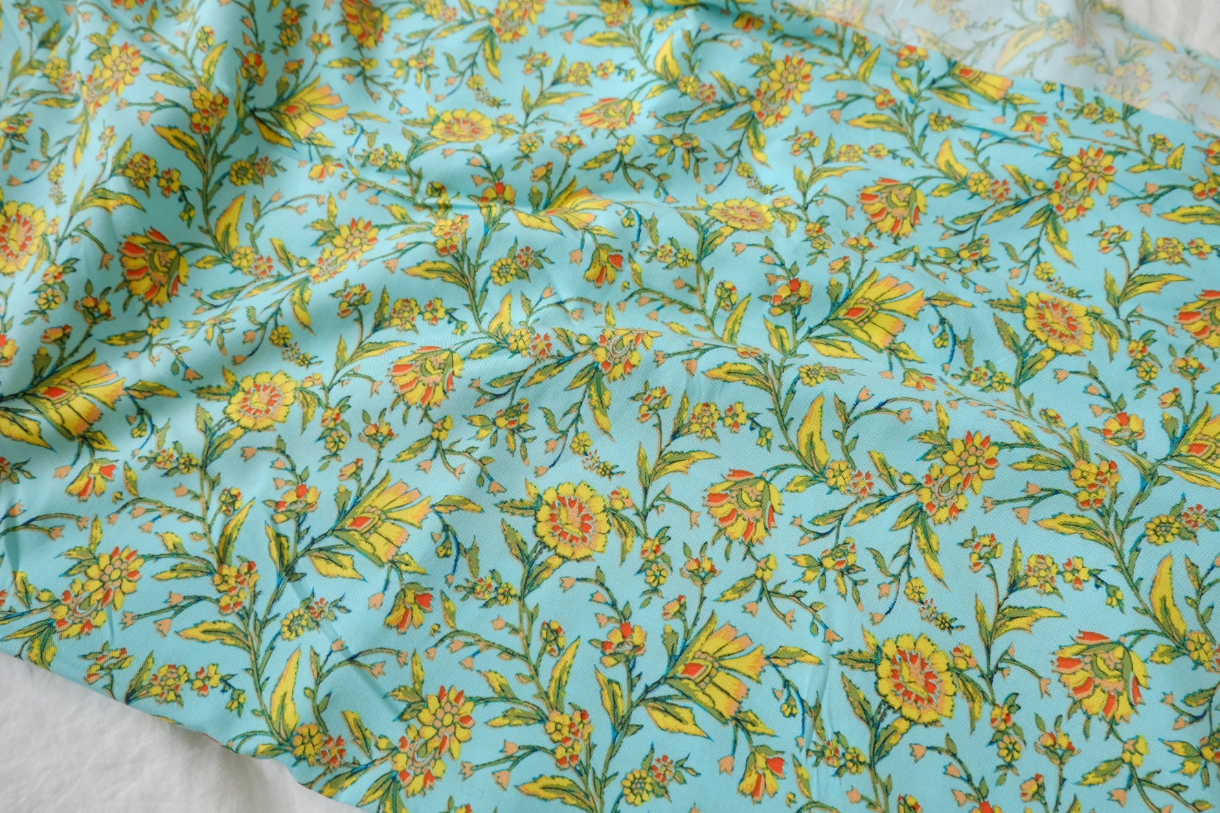 Sky Blue Floral Cotton Rayon Fabric, 3.28 Yards