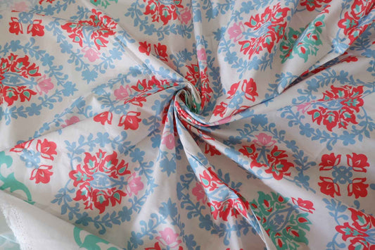 Coral & Aqua Border Floral Cotton Poplin – 1.75 yd