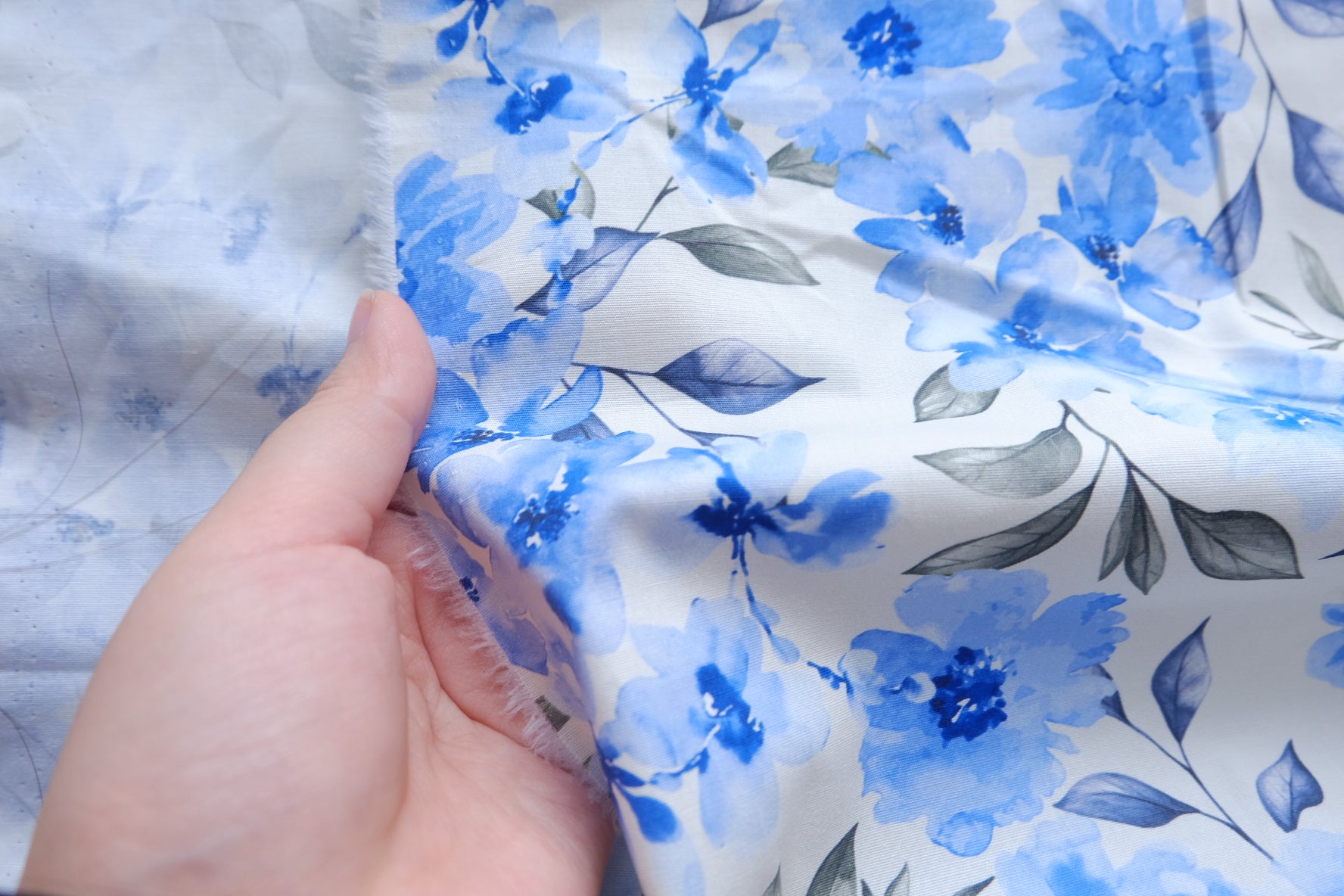Blue Watercolor Floral Stretch Cotton Poplin – 2.2 yd