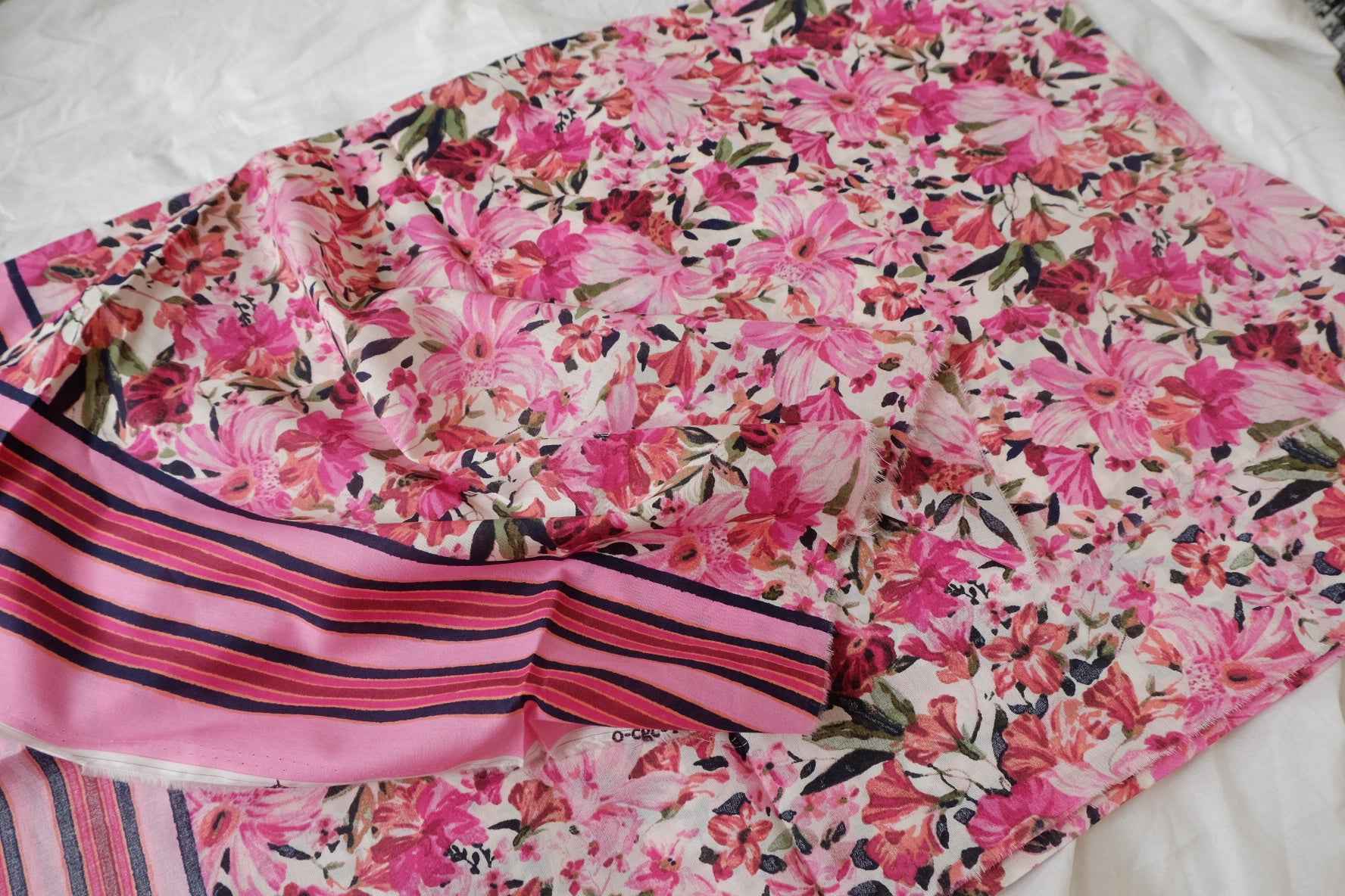 Border Floral Cotton Fabric, Double Border Dress Fabric in Pink, 3.28 Yards