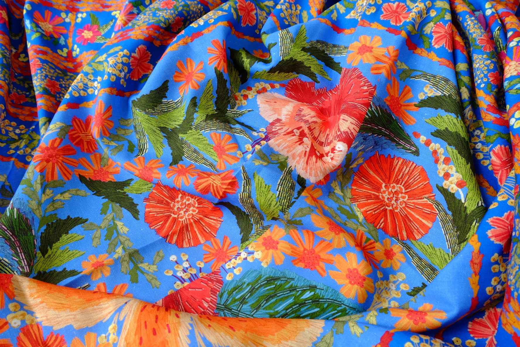 Farm Rio Deadstock Placement Floral Cotton Linen Fabric, Bright Blue Tropical Print, 1.66 Yards