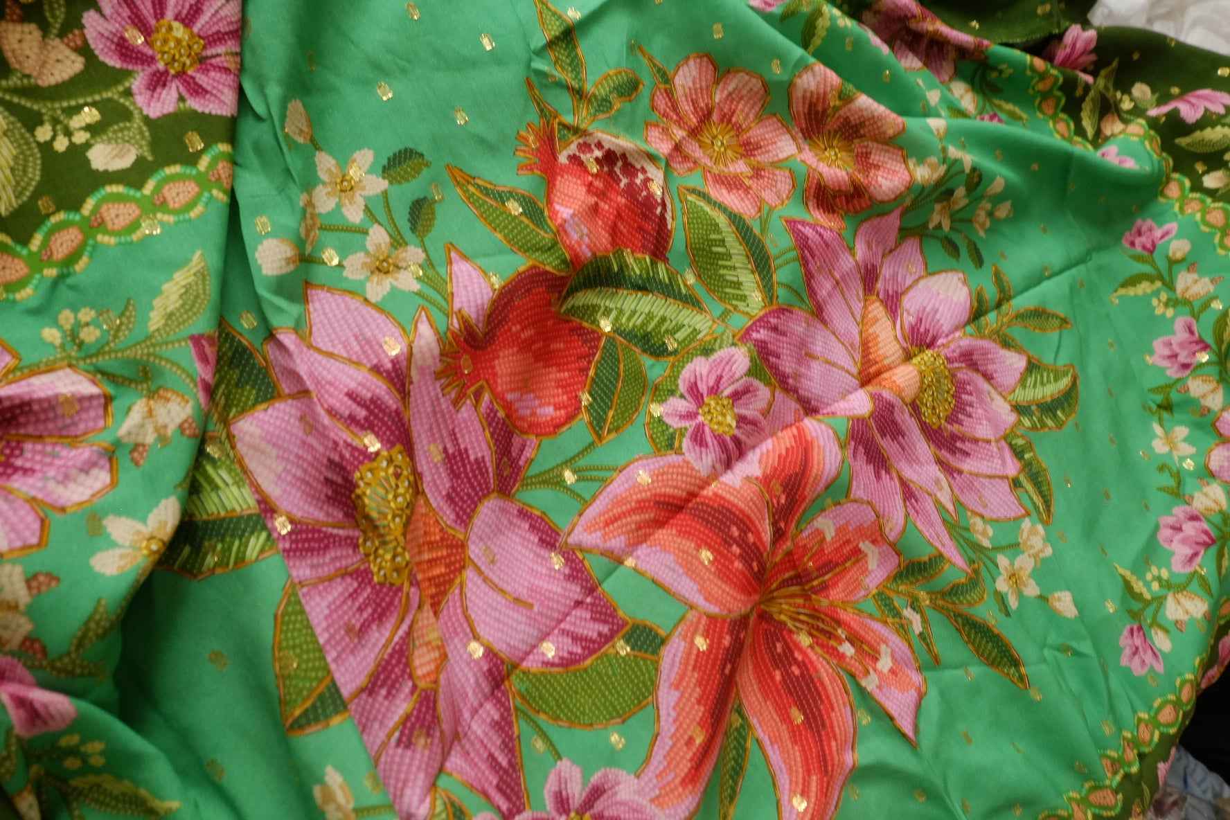 Metallic-Dotted Rayon Floral Panel Fabric - 1.75 yd