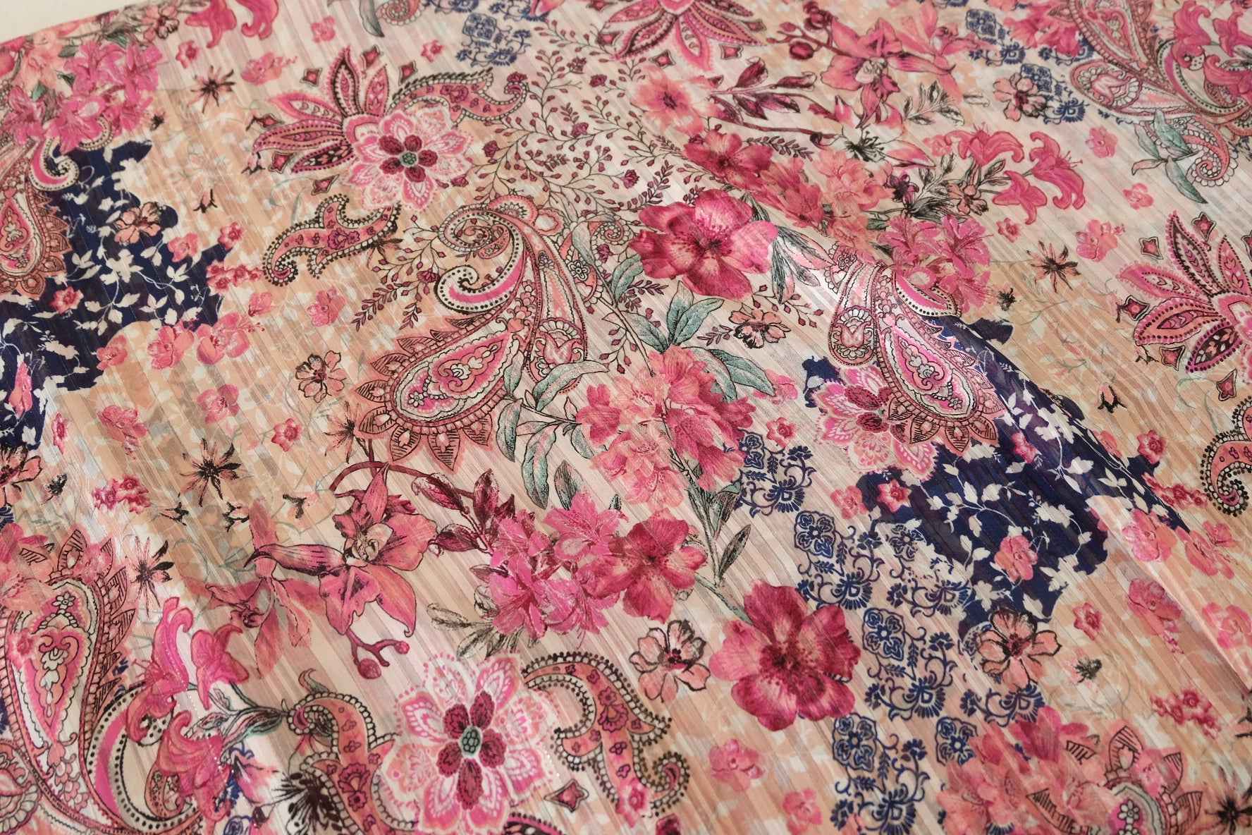 Floral Paisley Silver Lurex Chiffon Fabric – Pink Boho Print – 2.7 yd Cut