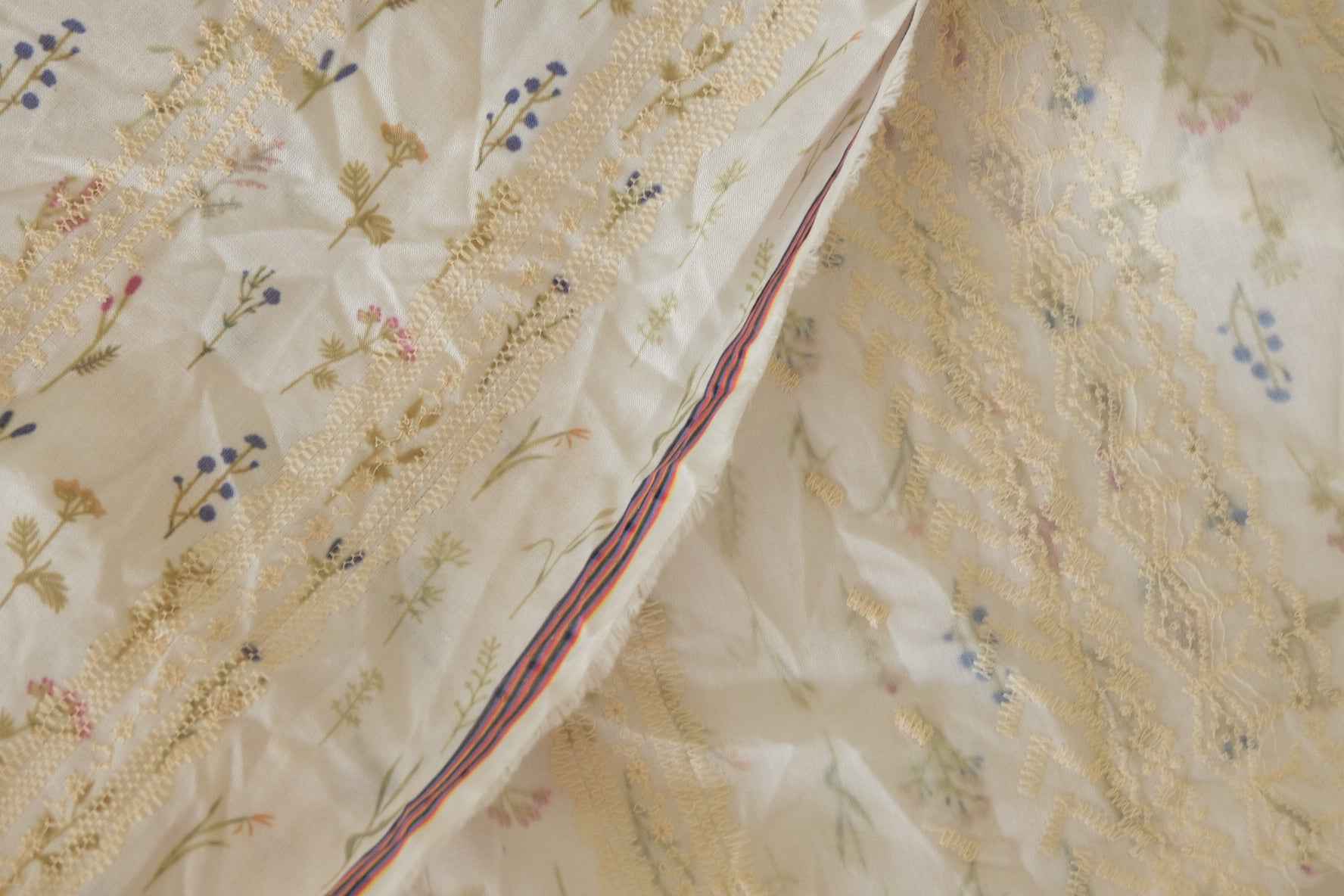 Floral Embroidered Cotton Linen Fabric – Cream with Lace Stripe Detail – 2.2 yd