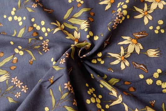 Dusky Blue Wildflower Slub Cotton Linen Fabric, Medium Weight for Trousers and Sets, 1.64 Yards