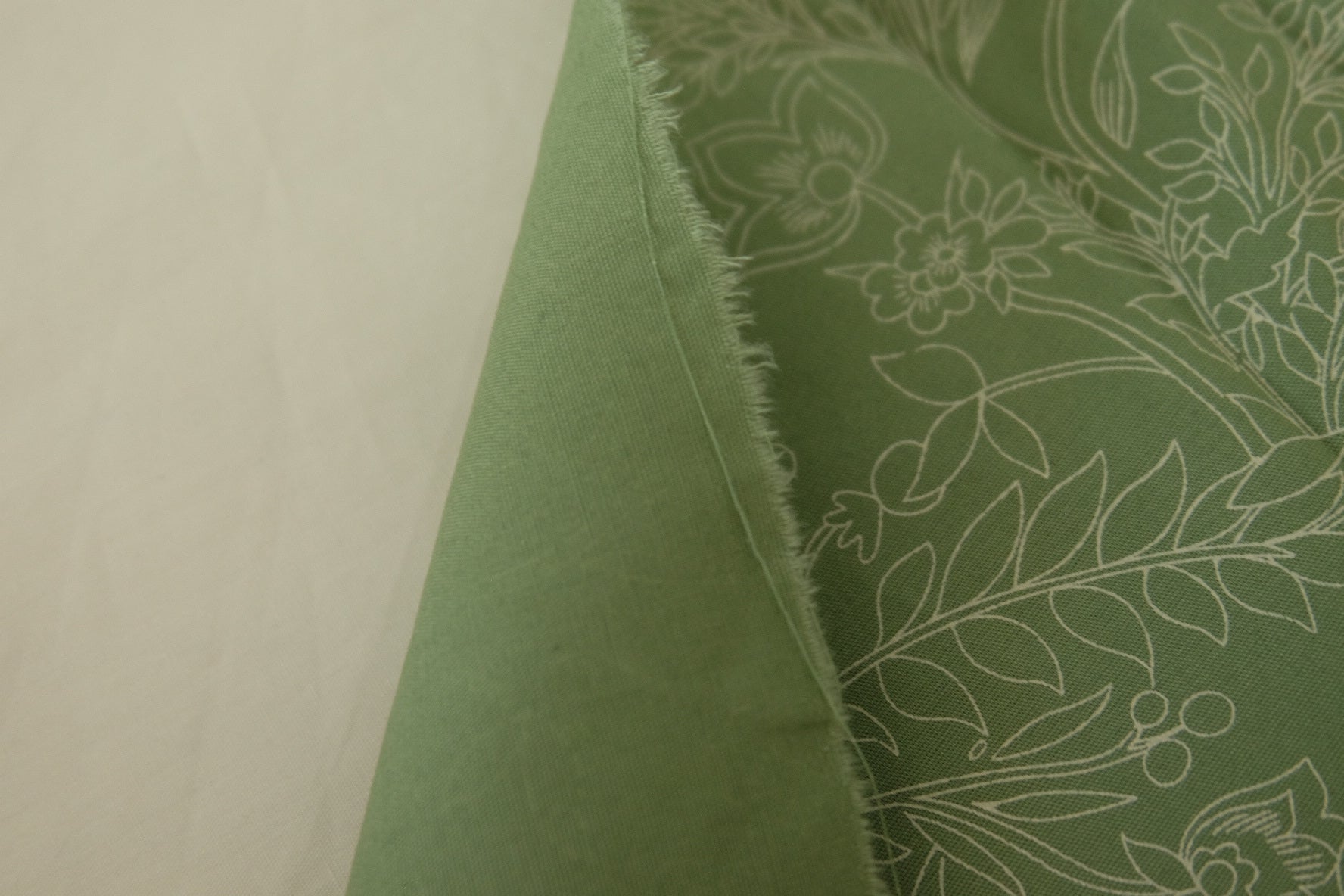 Sage Botanical Line Art Cotton Fabric – Structured Floral Print – 3.3 yd