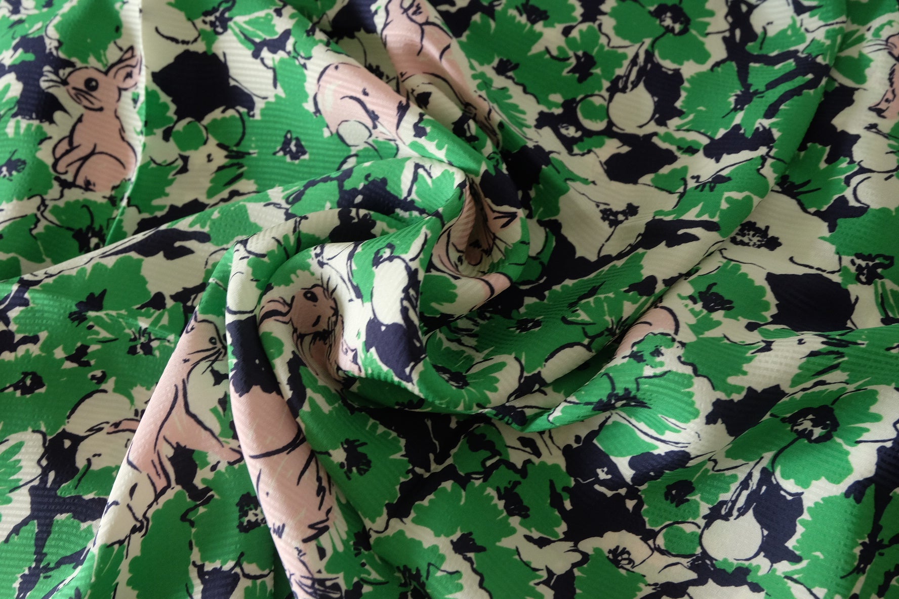 Green Rabbit & Floral Textured Cupro Fabric – 1.64 yd
