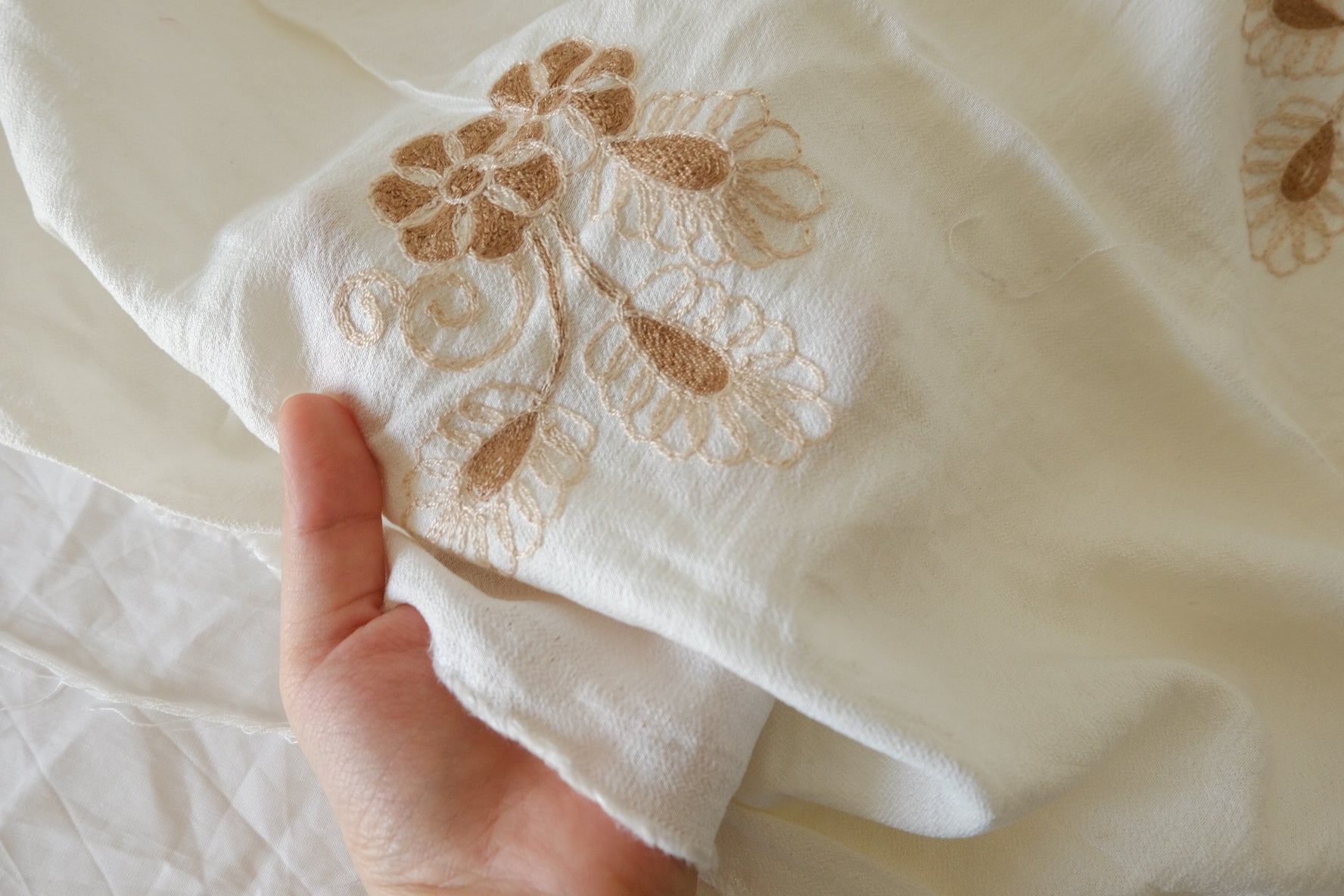 Ivory Floral Embroidered Tencel Nylon Fabric, 3.28 Yards