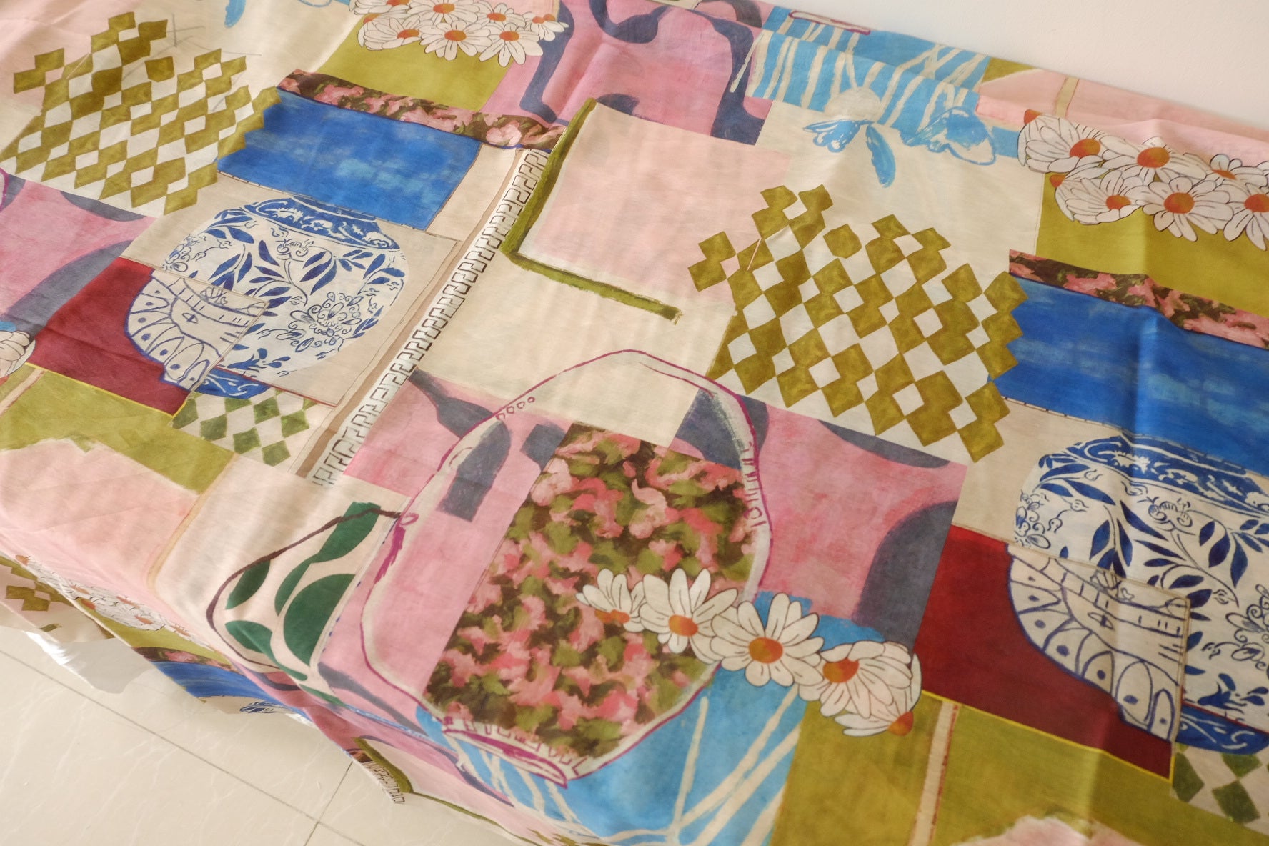 Artist’s Table Collage Print Tencel Linen Fabric – 2.19 yd Piece
