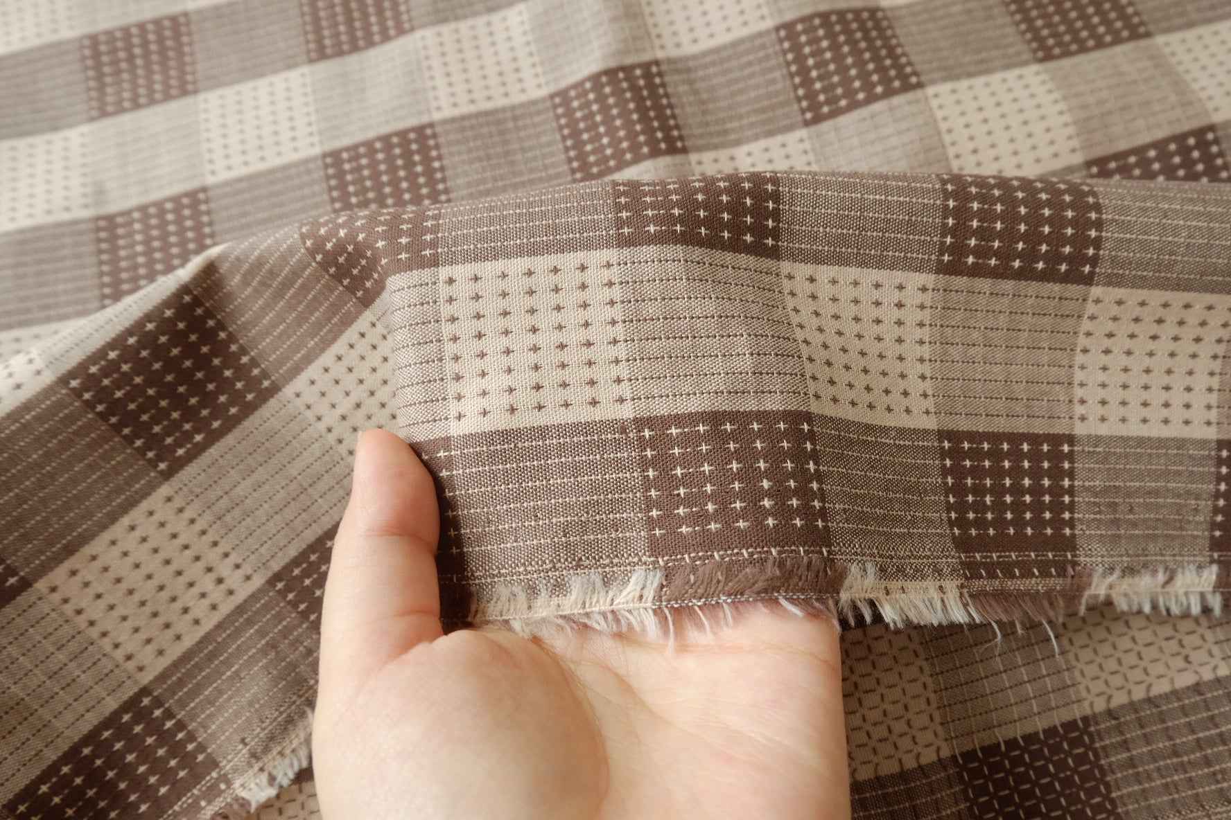 Yarn-Dyed Brown Check Linen Cotton Fabric, Textured Midweight Apparel Weight, 1.64 Yards