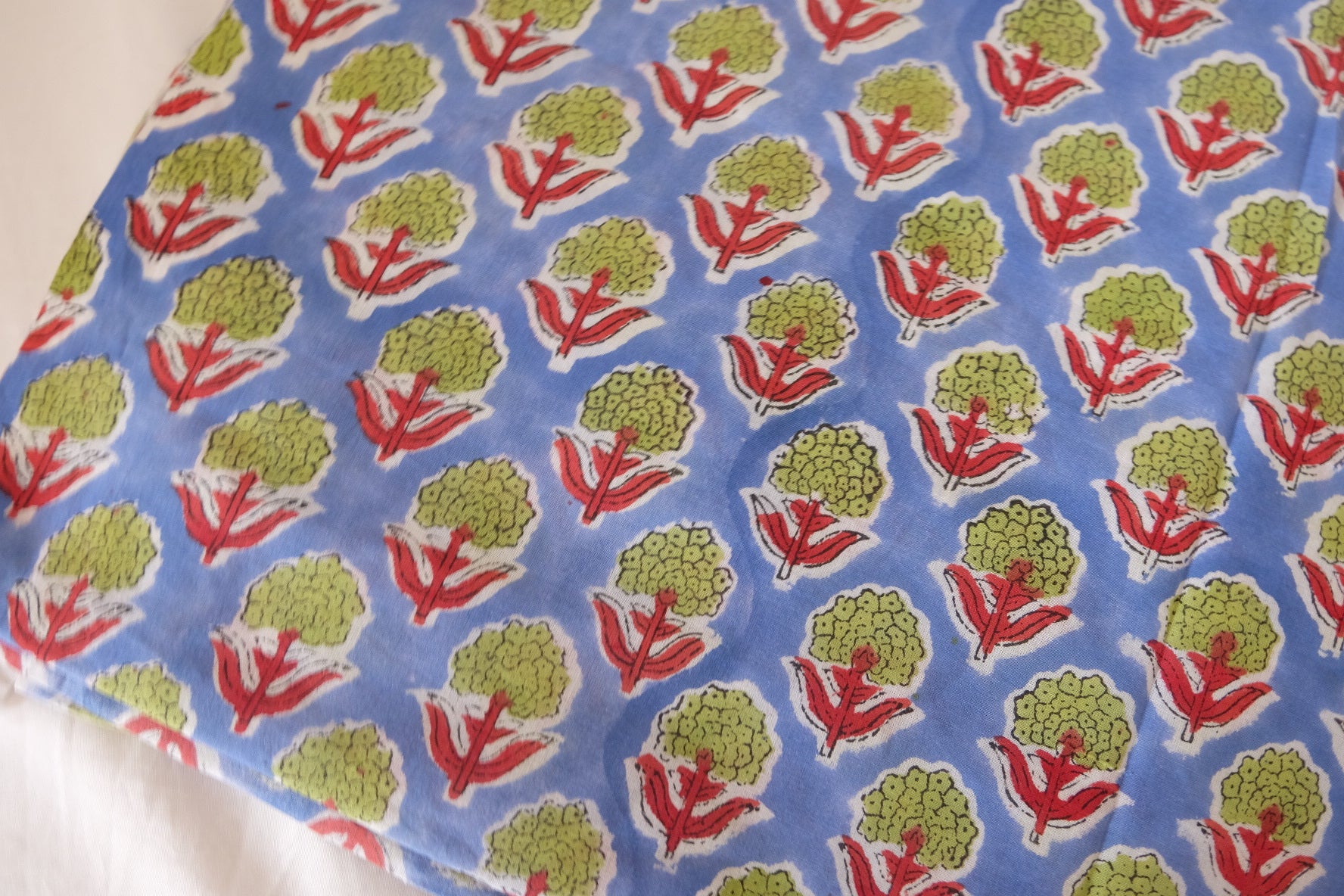 Hand Block Printed Indian Cotton Fabric – Blue Ground with Green Floral Motif – Sold by the Meter