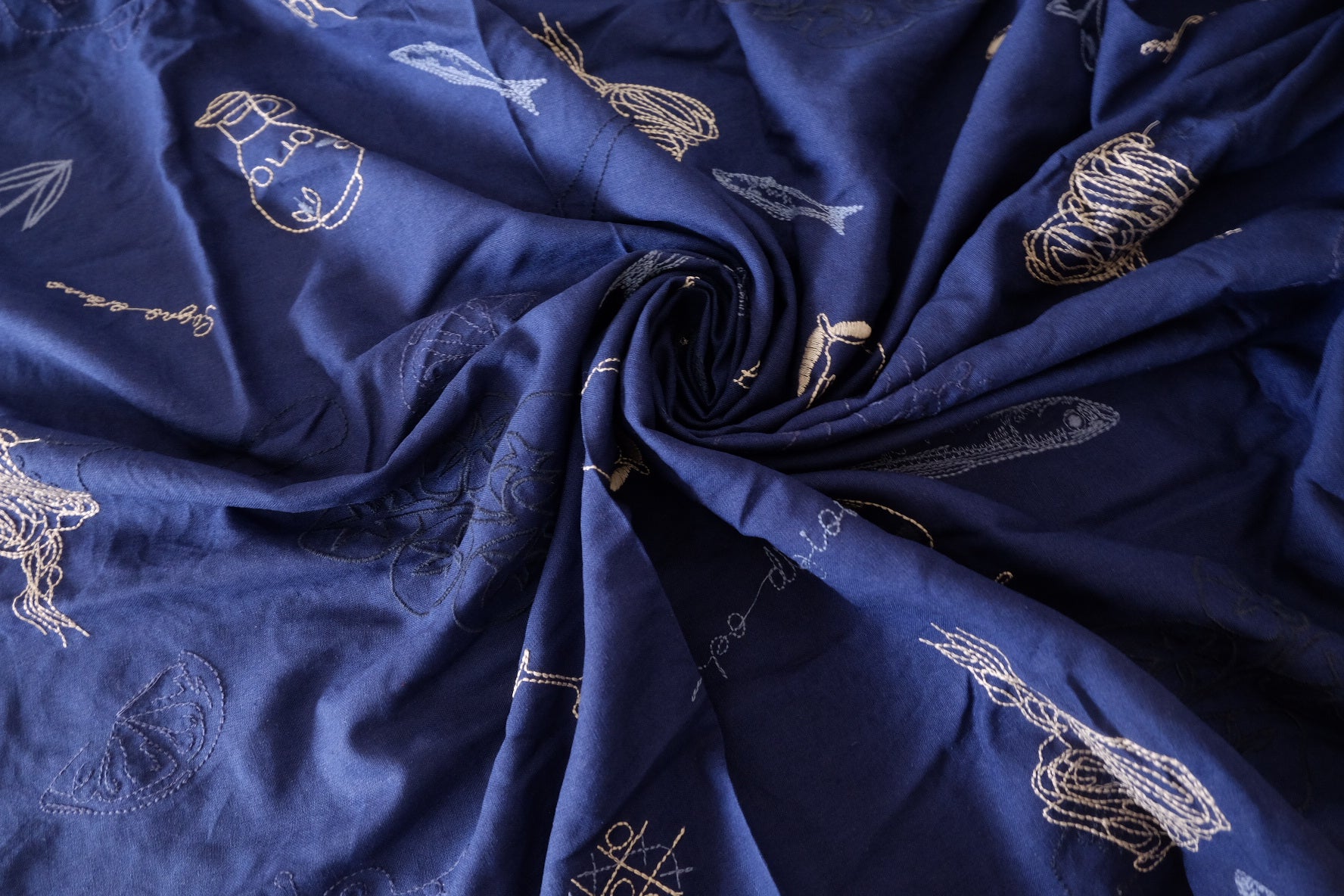 Midnight Navy Seaside Still Life Embroidered Pure Linen Fabric – 1.64 yd Piece