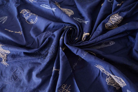 Midnight Navy Seaside Still Life Embroidered Pure Linen Fabric – 1.64 yd Piece