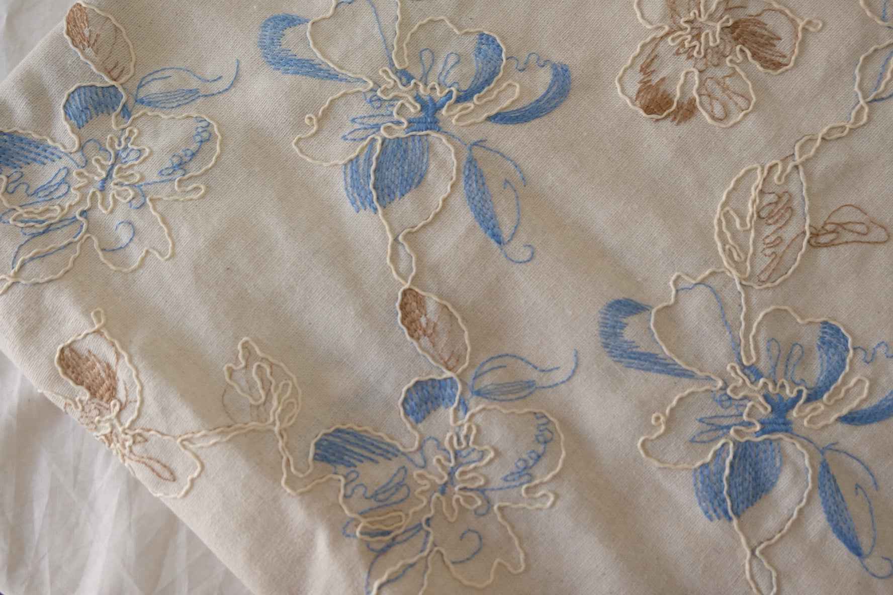 Blue Floral Embroidered Linen Cotton Fabric – 1.6 yd