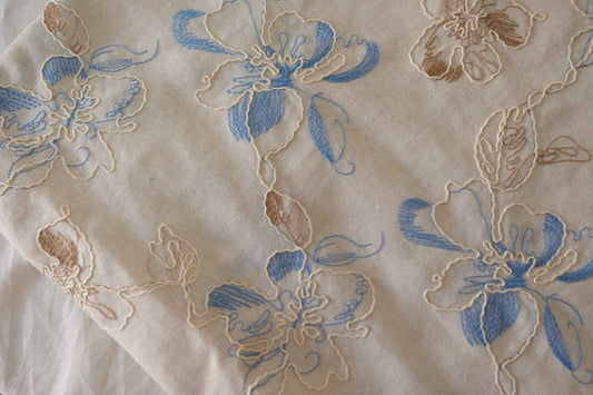 Blue Floral Embroidered Linen Cotton Fabric – 1.6 yd