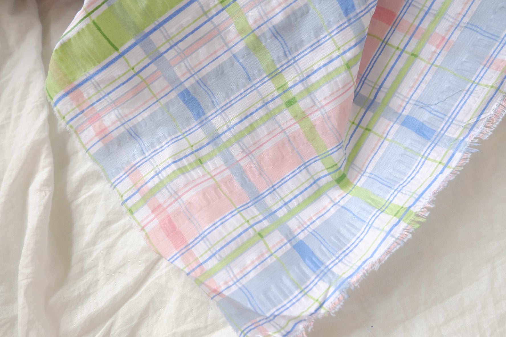 Pastel Plaid Seersucker Cotton Blend Fabric – Crisp Summer Shirting (2.19 yards)