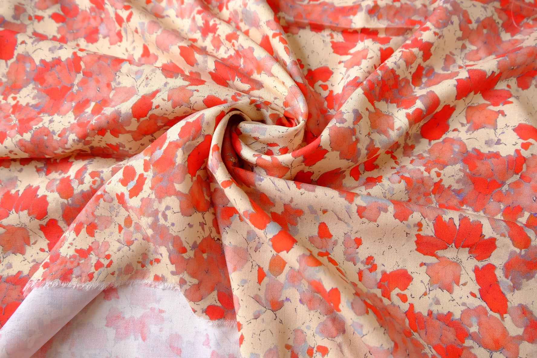 Red Abstract Leaf Rayon Challis Fabric - 3.28 yd