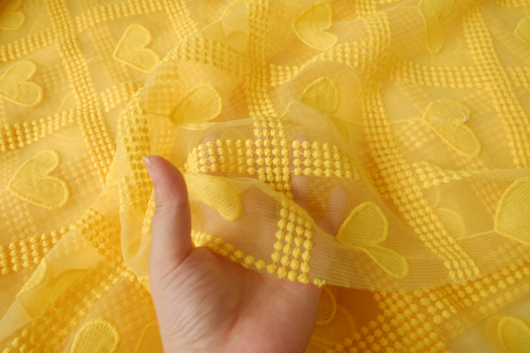 Yellow 3D Embroidered Heart Mesh Fabric - 3.28 yd