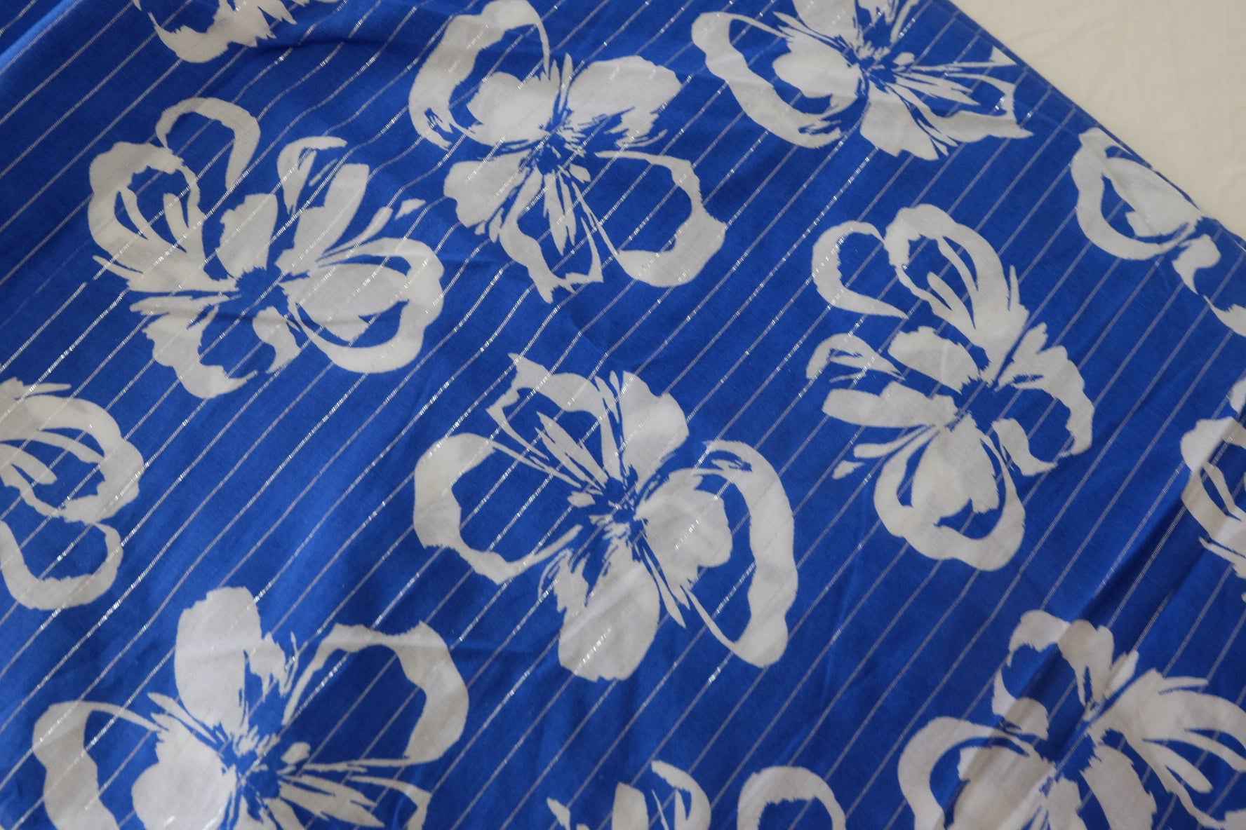 Blue Floral Metallic Stripe Cotton Fabric – 3.3 yd