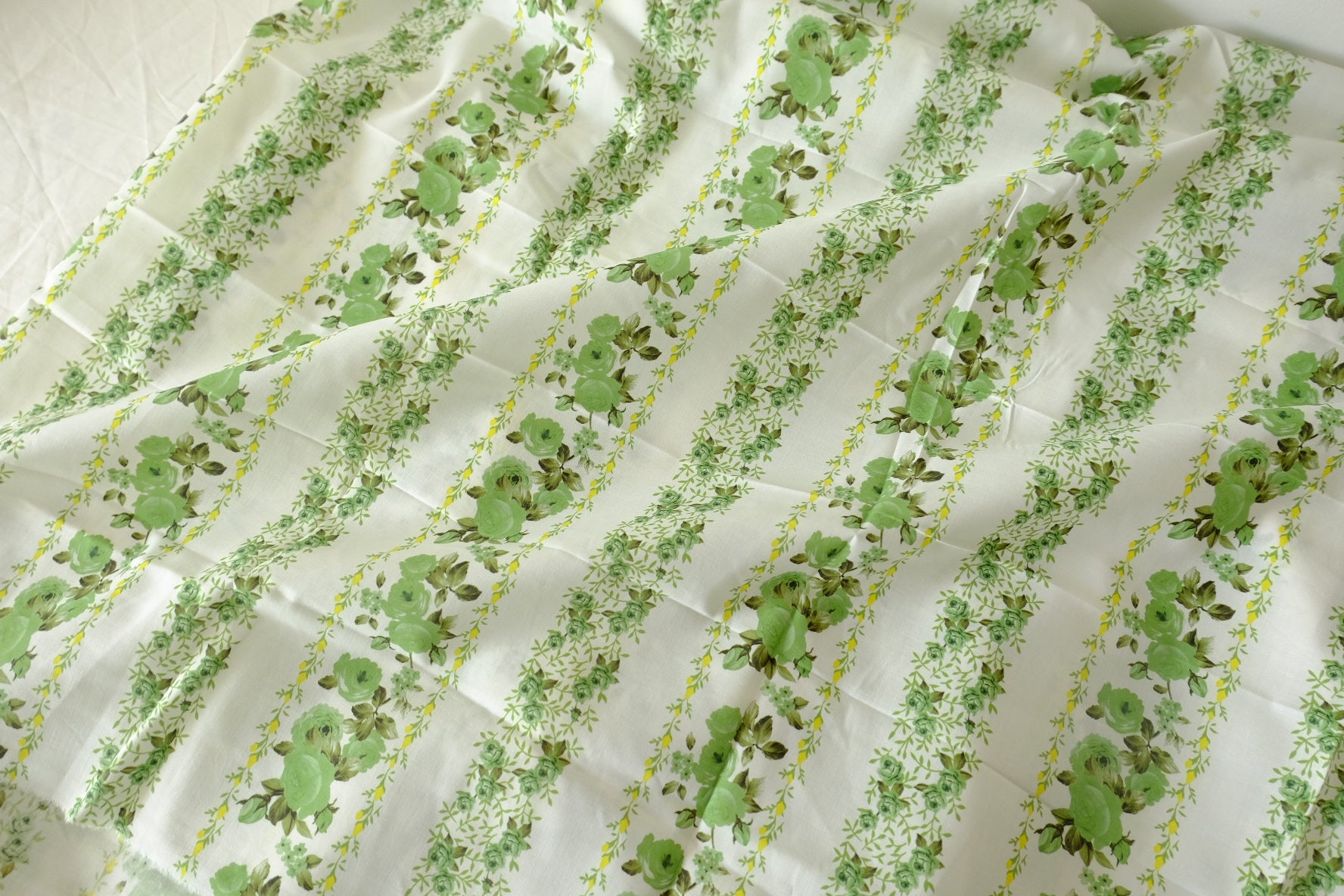 Green Rose Vine Stripe Cotton Lawn Fabric – 2.73 yd Piece