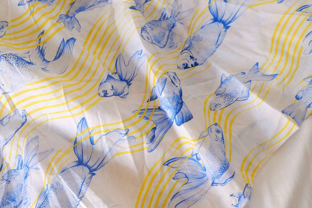 Blue Koi Fish & Yellow Waves Cotton Lawn Fabric – 2.5 yd