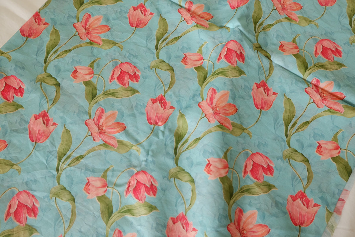 Watercolor Pink Tulips on Sky Blue – Cotton Lawn – 1.9 yd