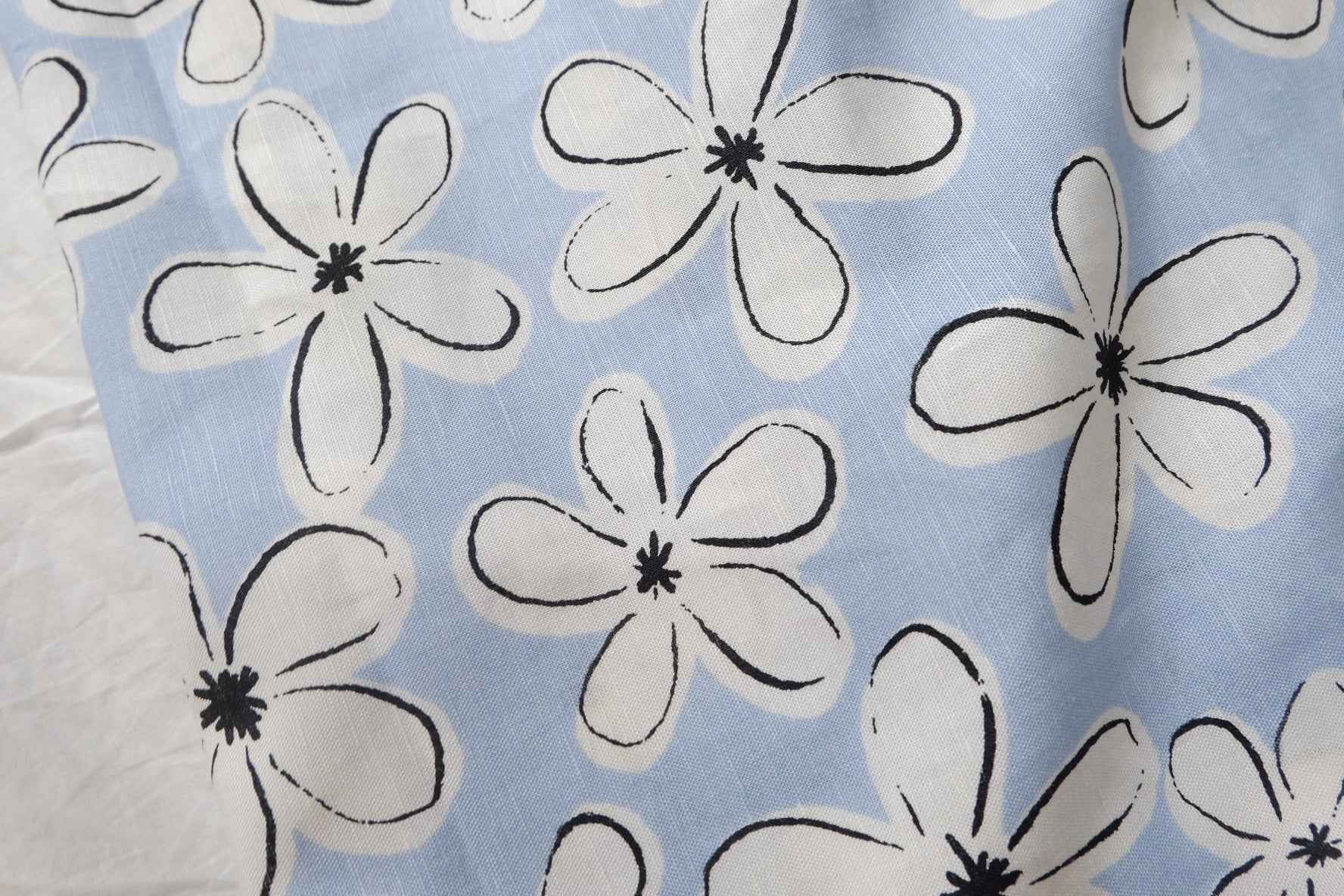 Sky Blue Floral Linen Cotton Fabric, 80 Linen 20 Cotton, 2.19 Yards