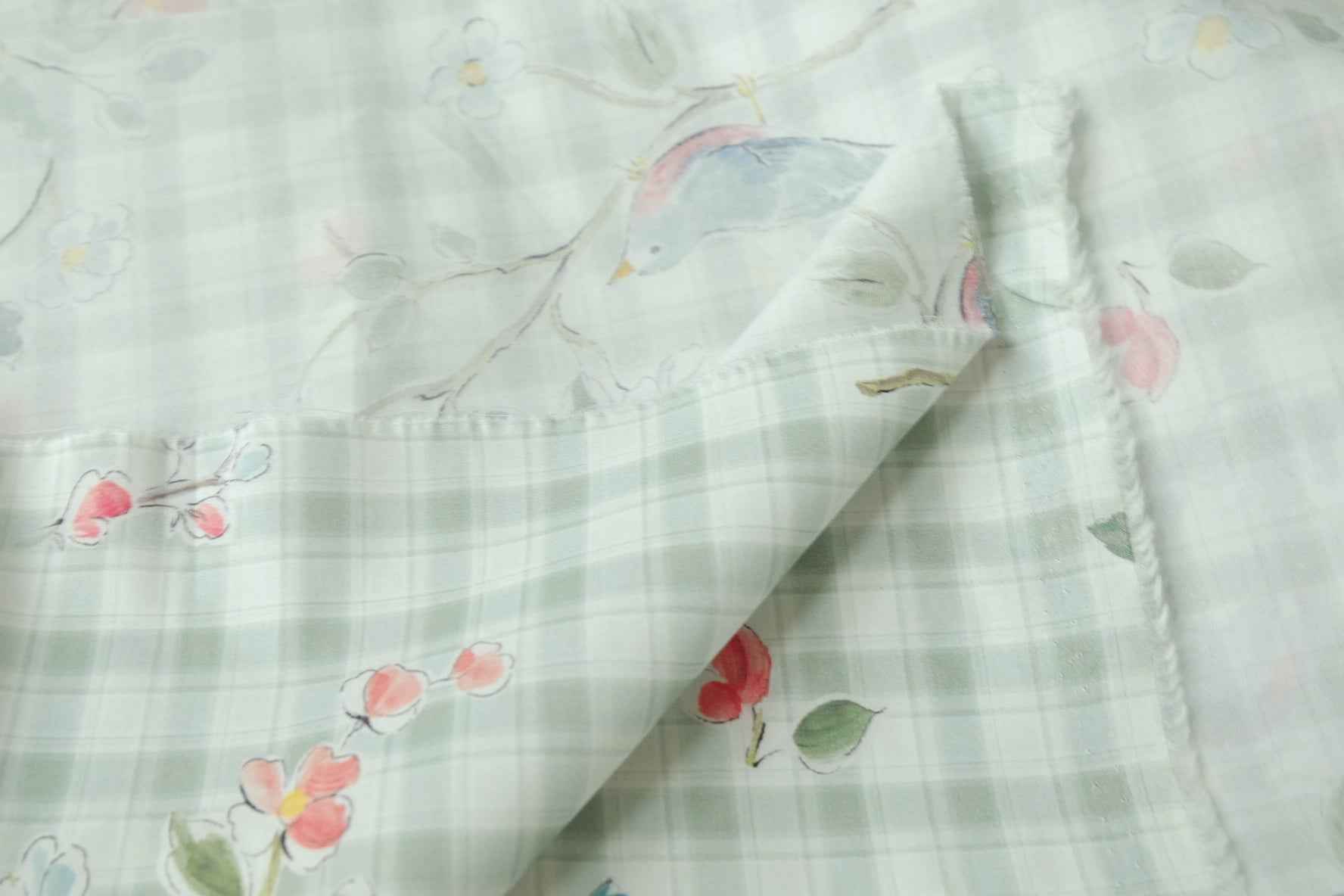 Sage Plaid Bird Floral Cotton Poplin Fabric, Lightweight Smooth Cotton, 3.28 Yards