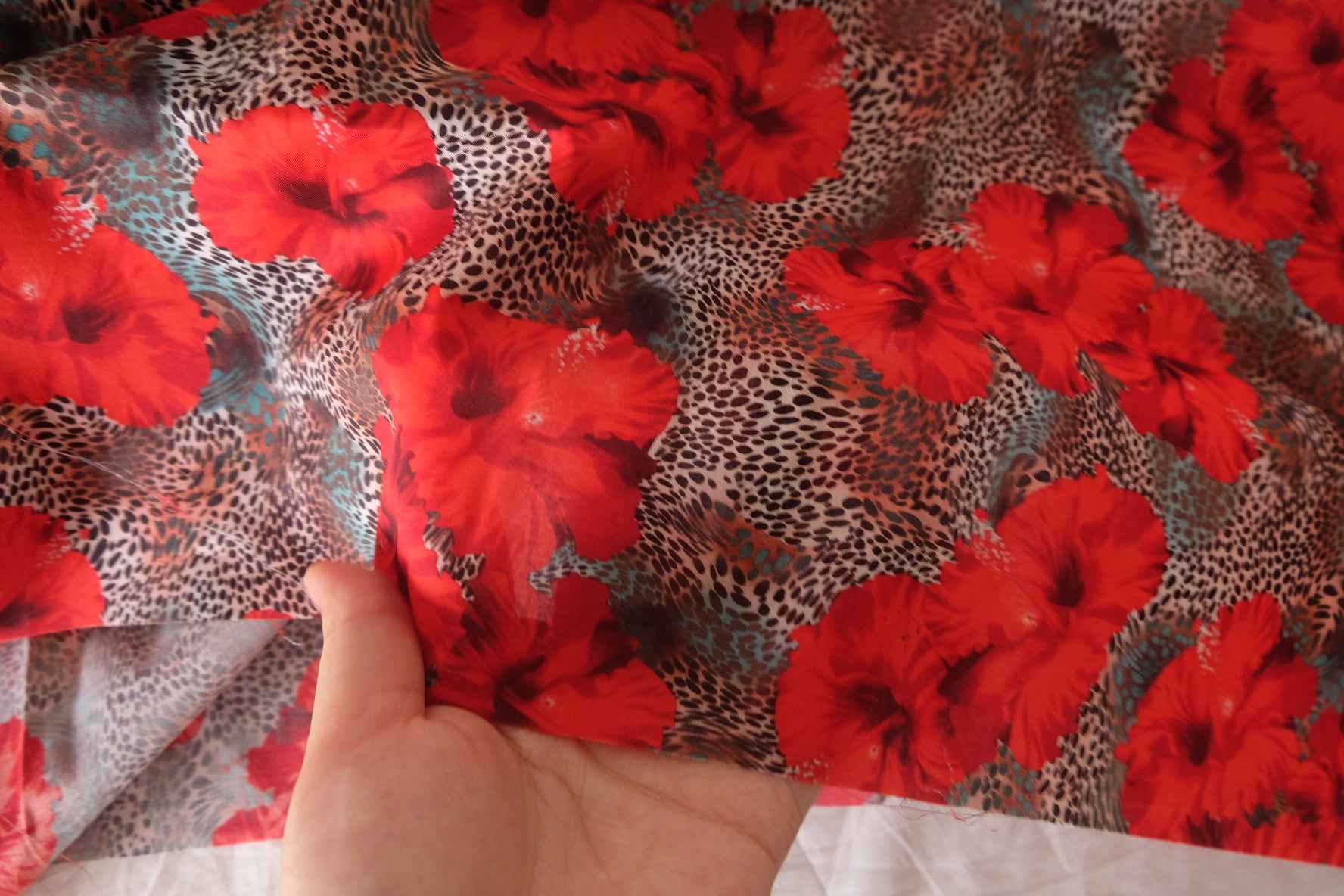 Red Hibiscus Leopard Cotton Lawn Fabric – 3.2 Yards