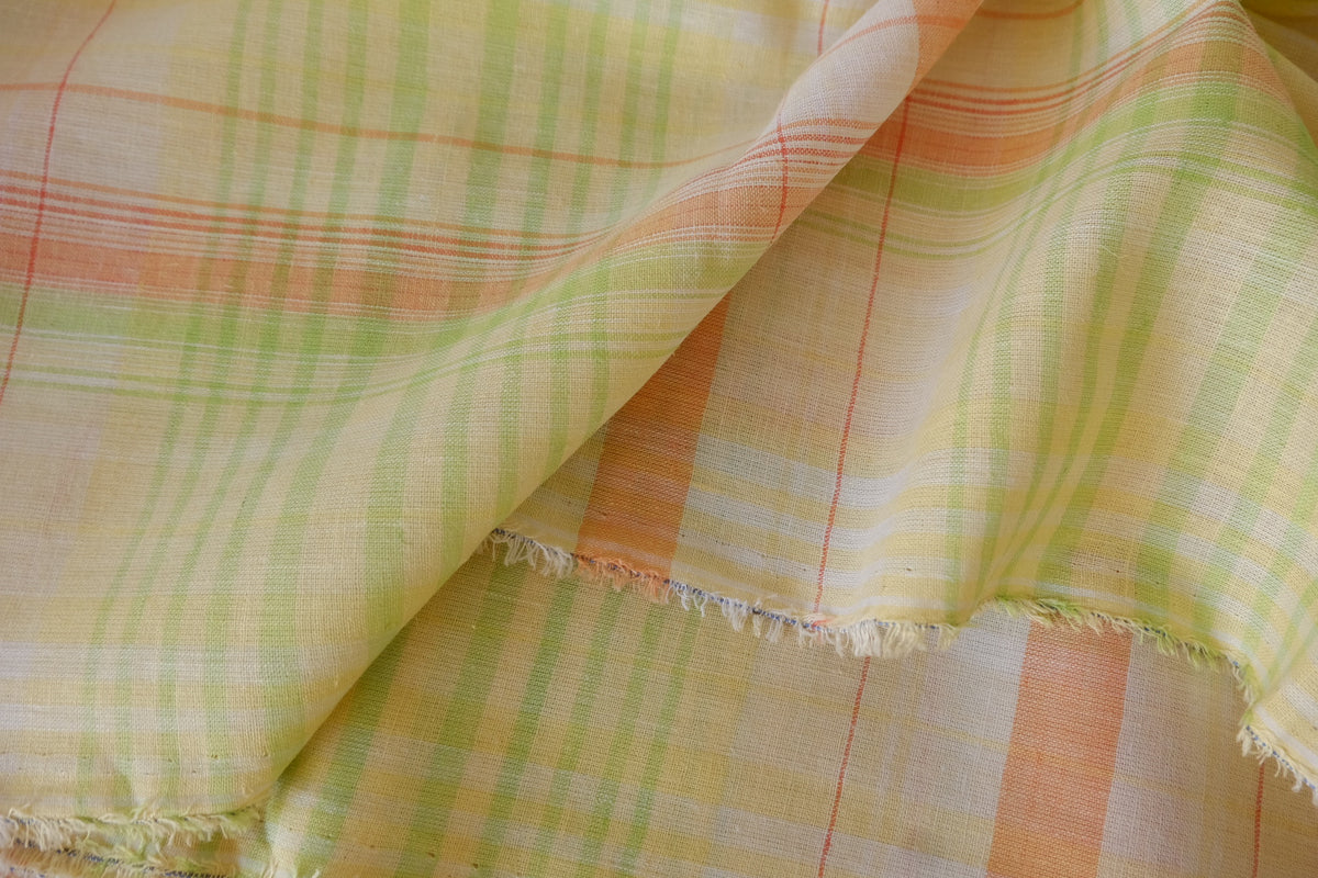 Pastel Citrus Plaid Cotton Linen Fabric – 2.2 yd