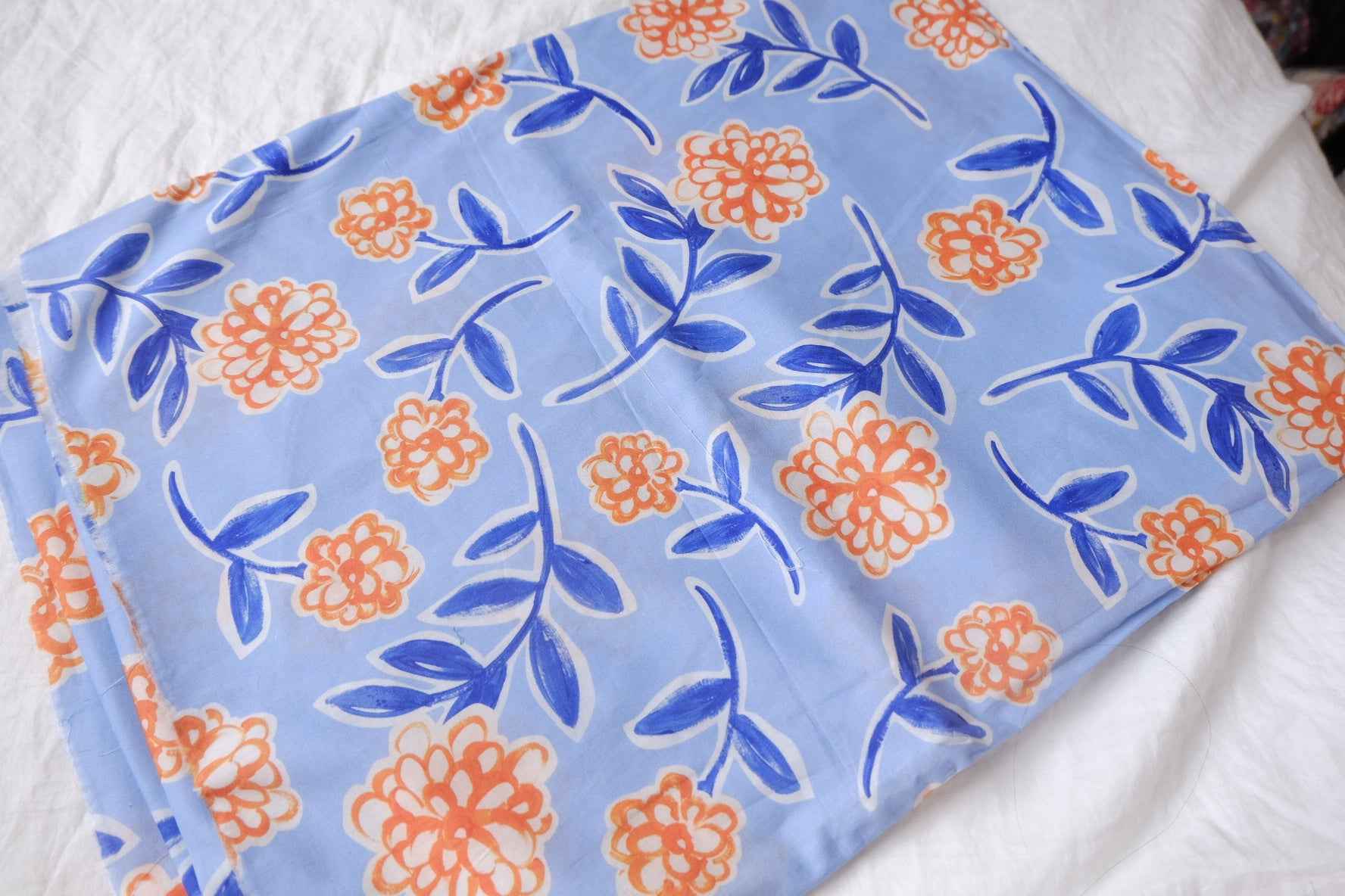 Blue Orange Floral Cotton Poplin Fabric - 1.97 yd