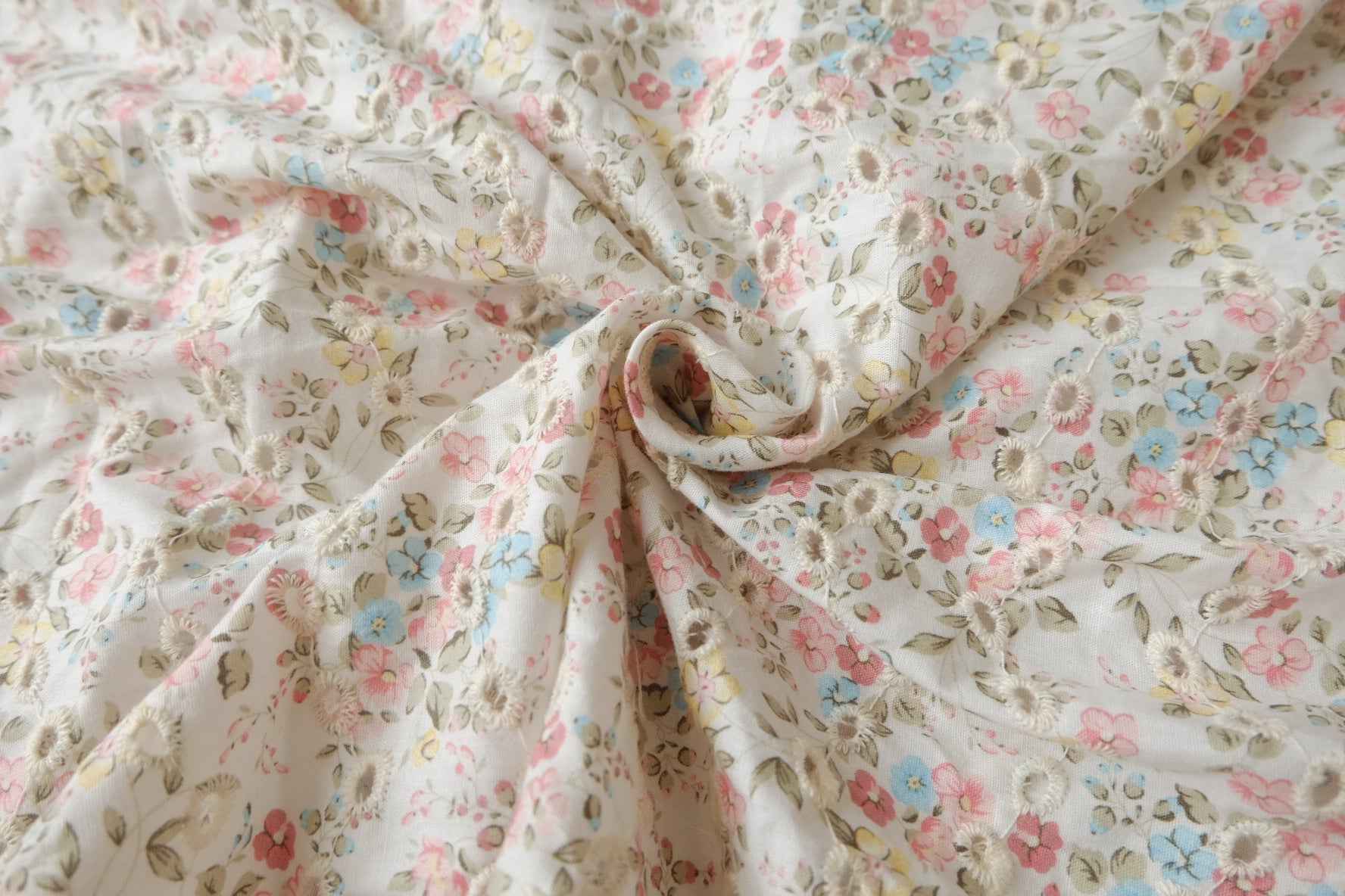 Floral Eyelet Embroidered Cotton Fabric, Soft Crisp Blouse Weight, 1.91 Yards