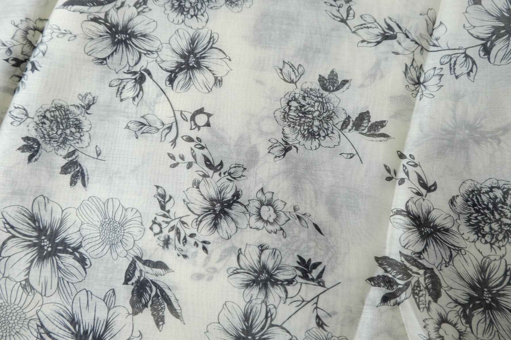 Sheer Pure Tencel Floral Fabric, Black and Ivory Sketch Print, 3.28 Yards