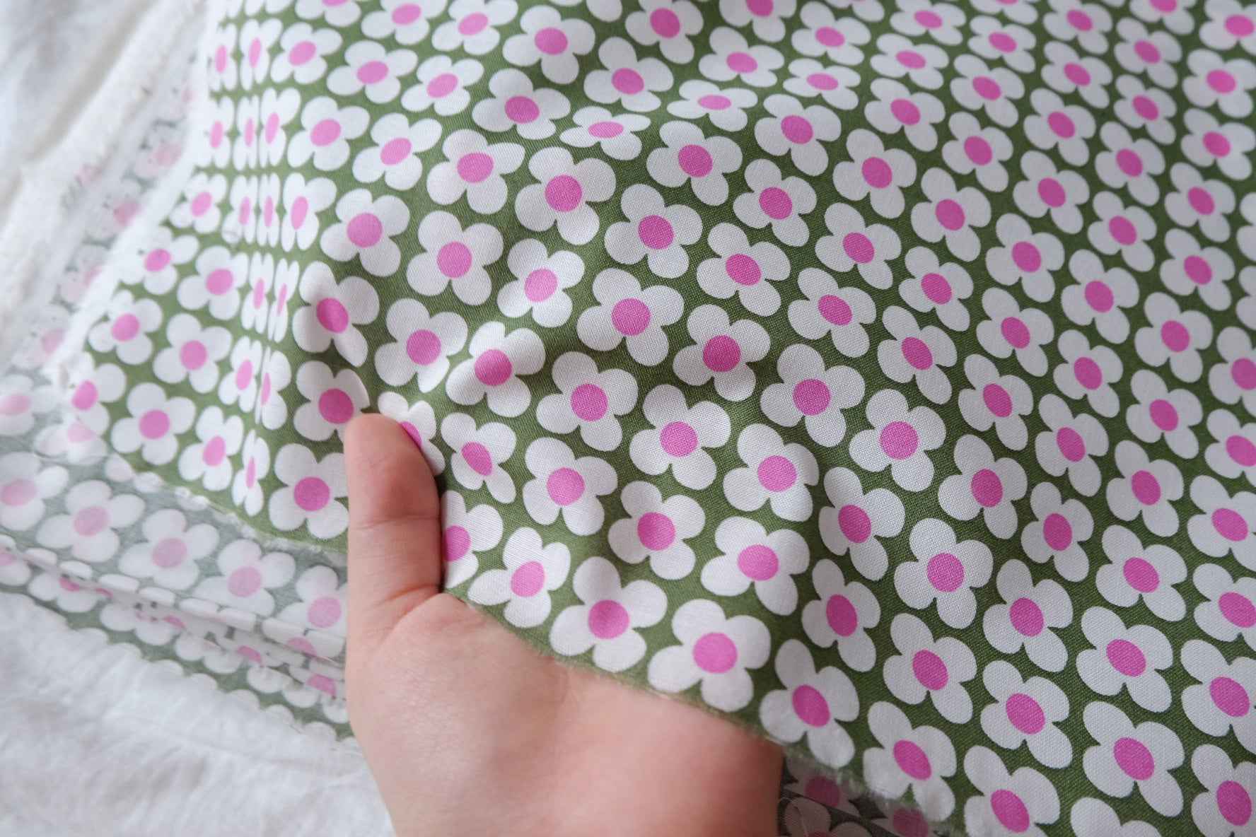 Olive Daisy Designer Deadstock Cotton Fabric - 1.64 Yards