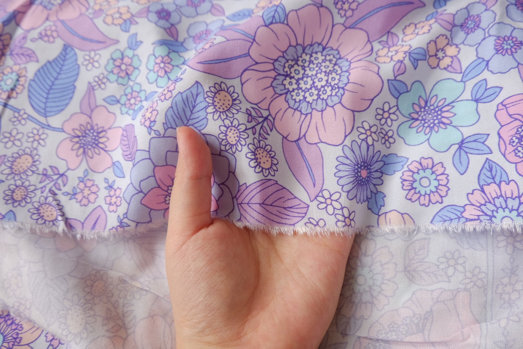 Double Border Floral Rayon Fabric in Soft Pastels, 3.3 Yards