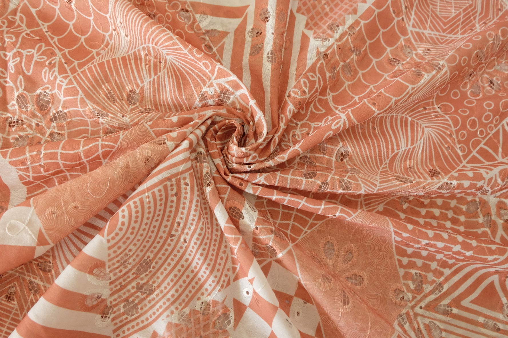 Coral Geometric Embroidered Tencel Cotton Fabric - 2.5 yd