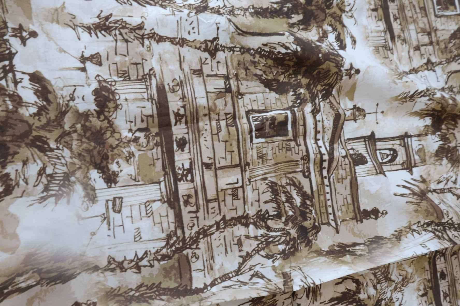 Vintage Architecture Sketch 80s Cotton Fabric - 3.28 yd
