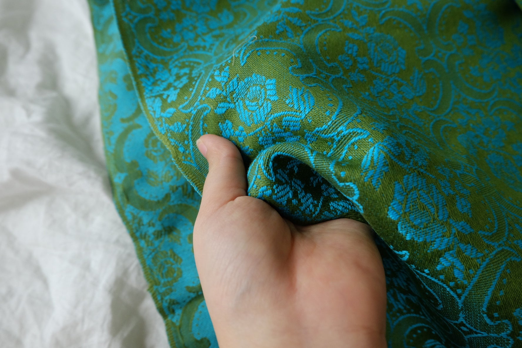 Teal Green Floral Brocade Fabric — 2.19 yd