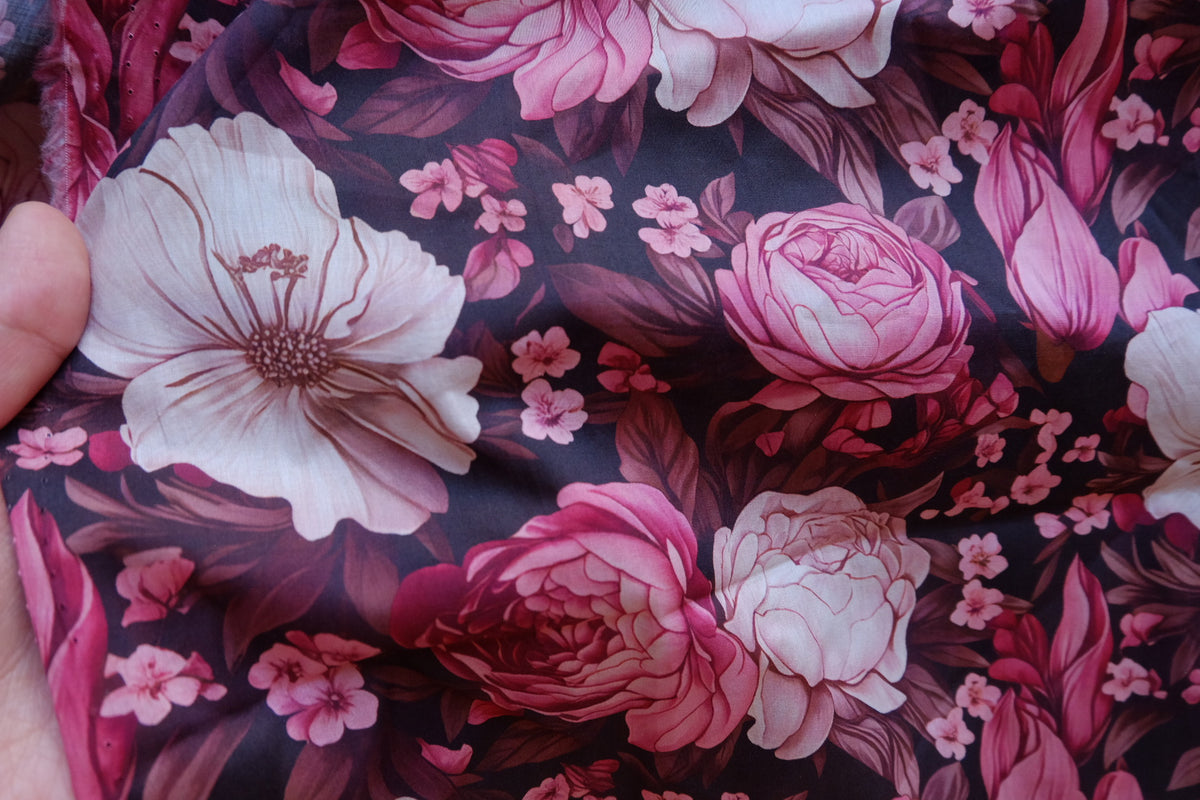 Midnight Rose Garden Cotton Lawn Fabric – 3.06 yd
