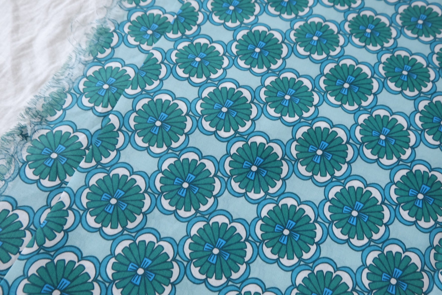 Teal Indian Floral Papery Cotton Poplin Fabric - 2.19 yd