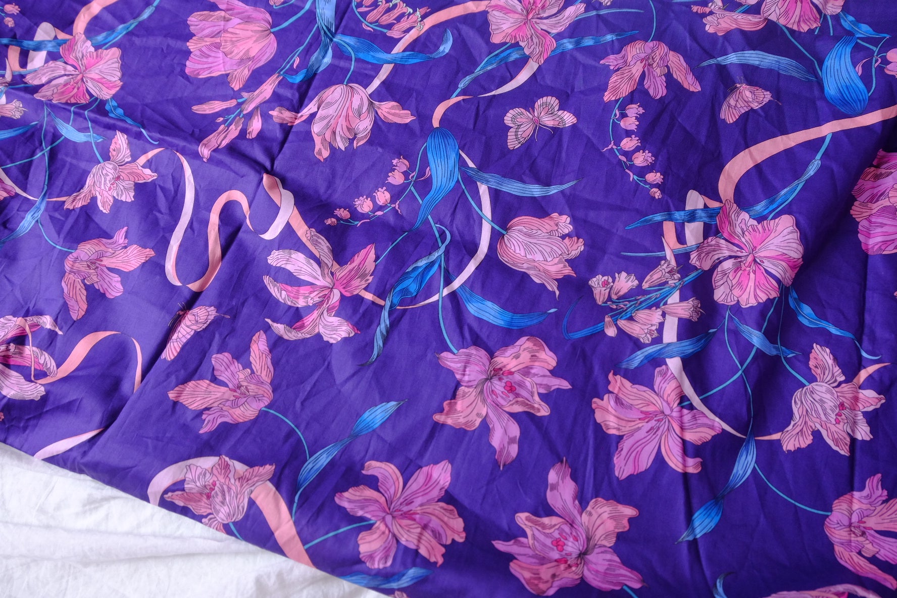 Purple Lily Ribbon Cotton Lawn Fabric - 3.28 yd