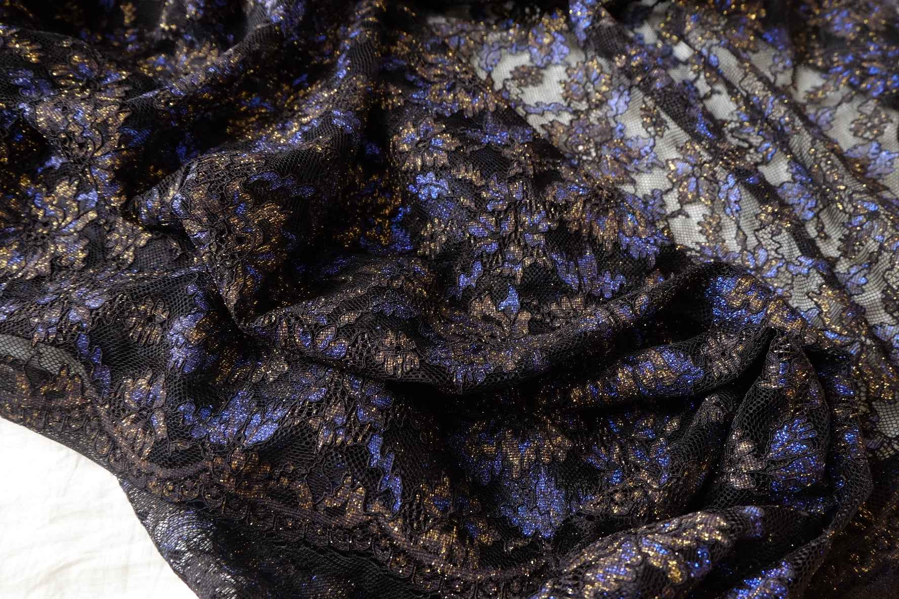 Black Metallic Blue-Gold Lace Fabric - 3.28 yd