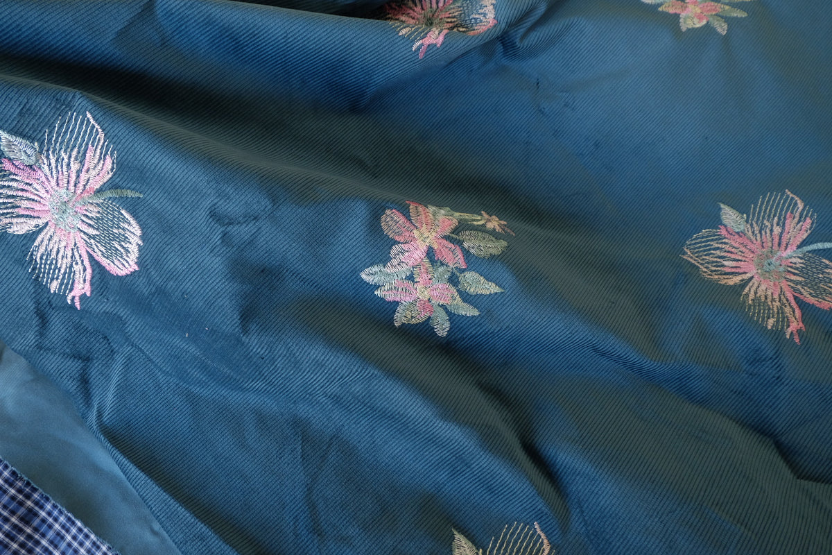 Midnight Teal Floral Embroidered Cotton Corduroy Fabric