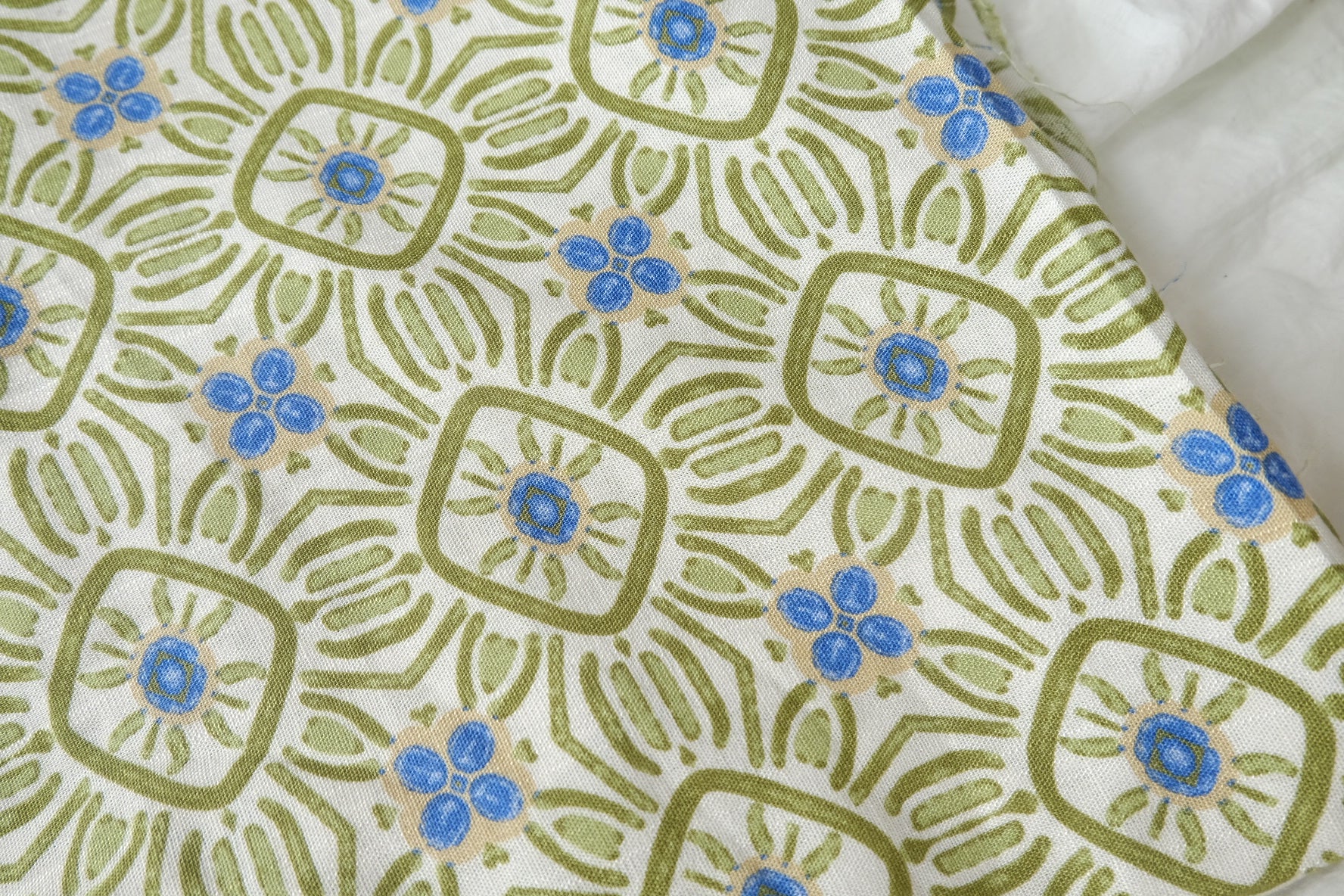 Border Print Rayon Fabric in Olive and Blue, Light & Drapey, 2.1 Yards