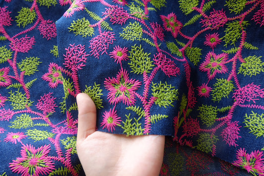 Pink & Green Floral Embroidered Cotton Denim Fabric - Sold by 0.55 yd