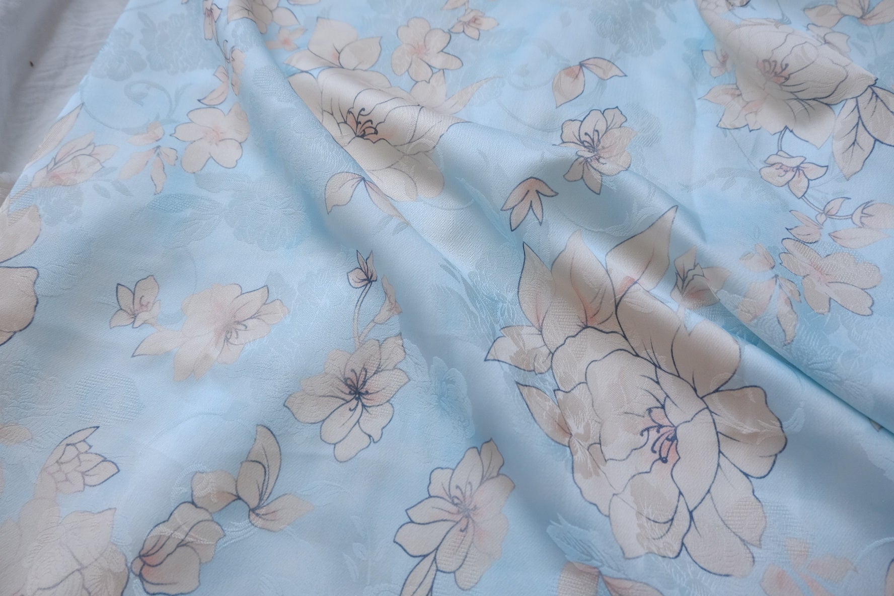 Pale Blue Floral Rayon-Acetate Jacquard Satin Fabric - 1.64 yd