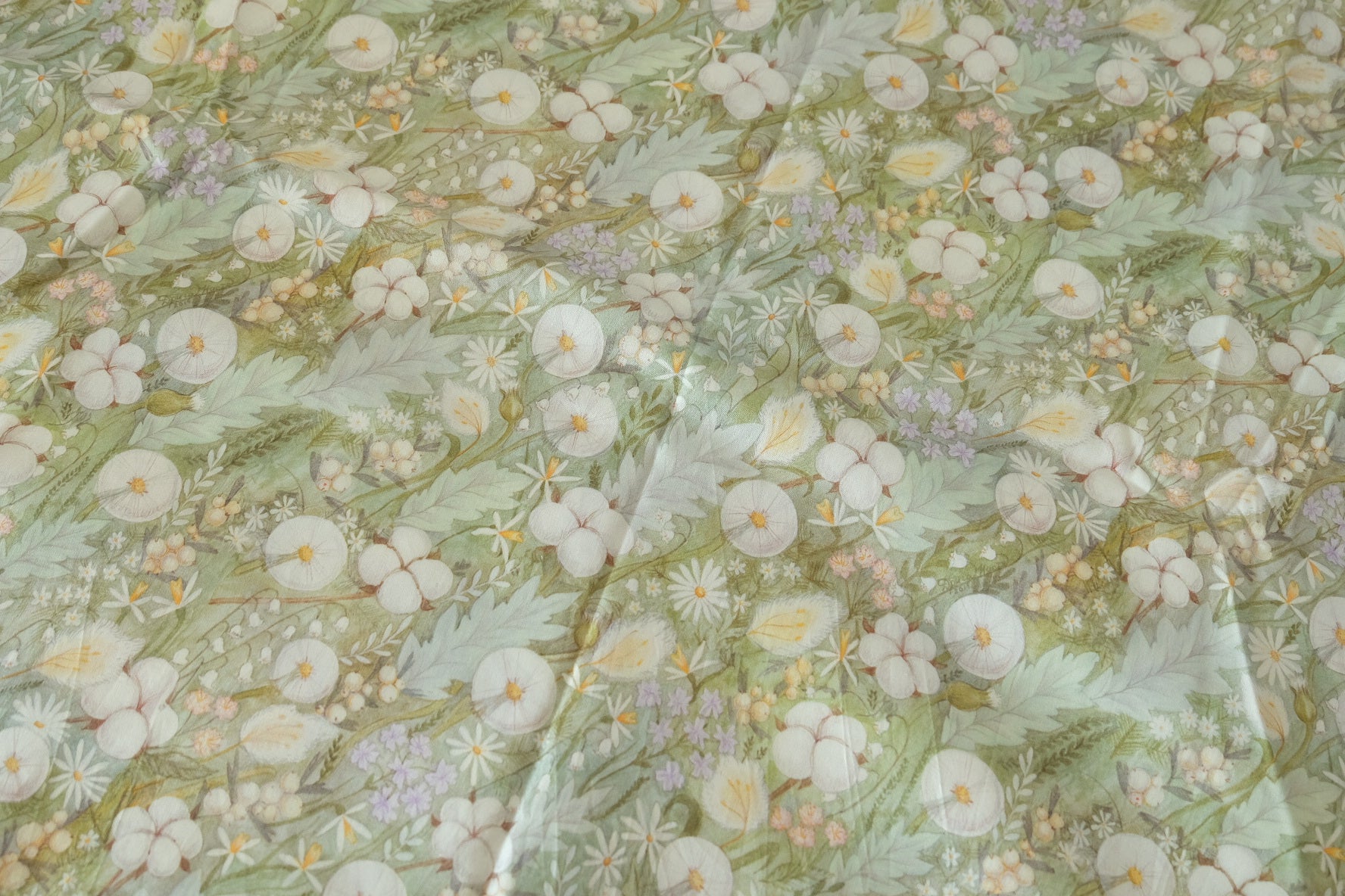 Sage Botanical Floral Cotton Sateen Fabric – Soft Green Garden Print – 1.6 yd