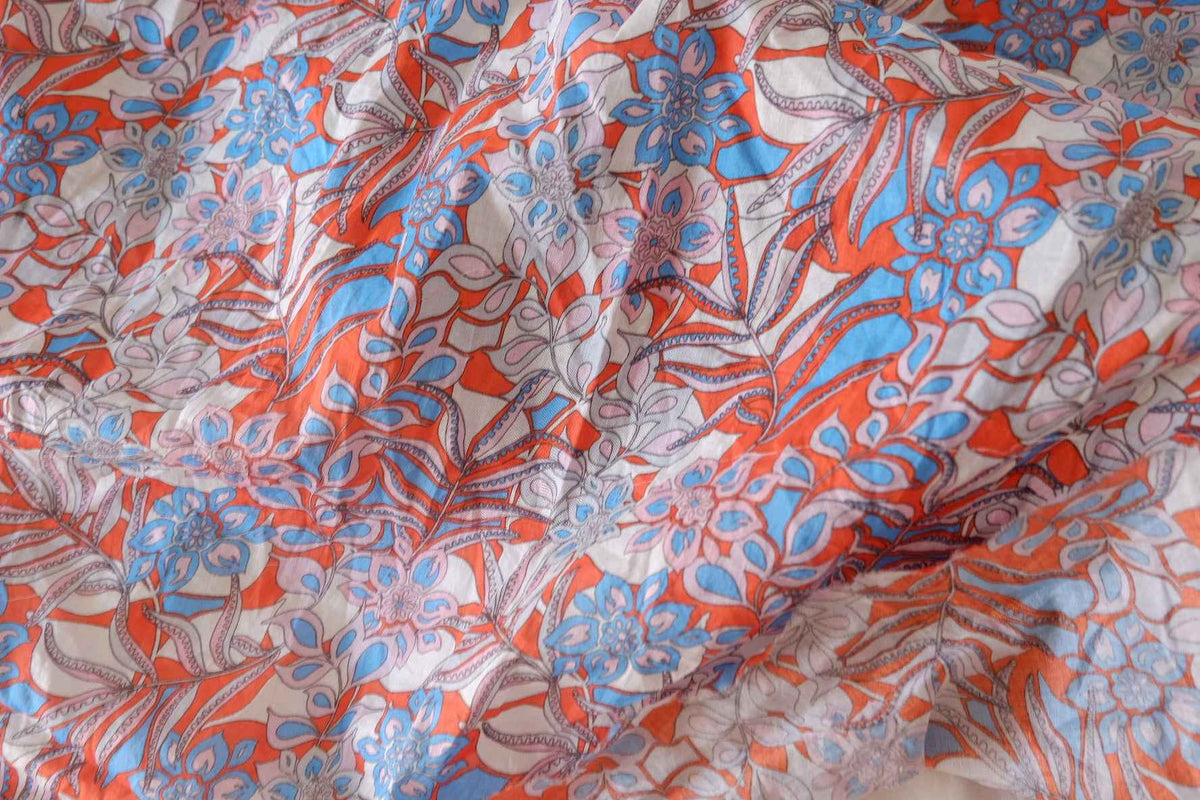 Coral & Sky Blue Botanical Cotton Voile Fabric – 5.5 yd