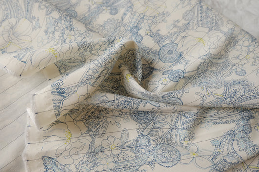 Blue Paisley Floral Lyocell Linen Blend Fabric, Soft Structure, 2.2 Yards
