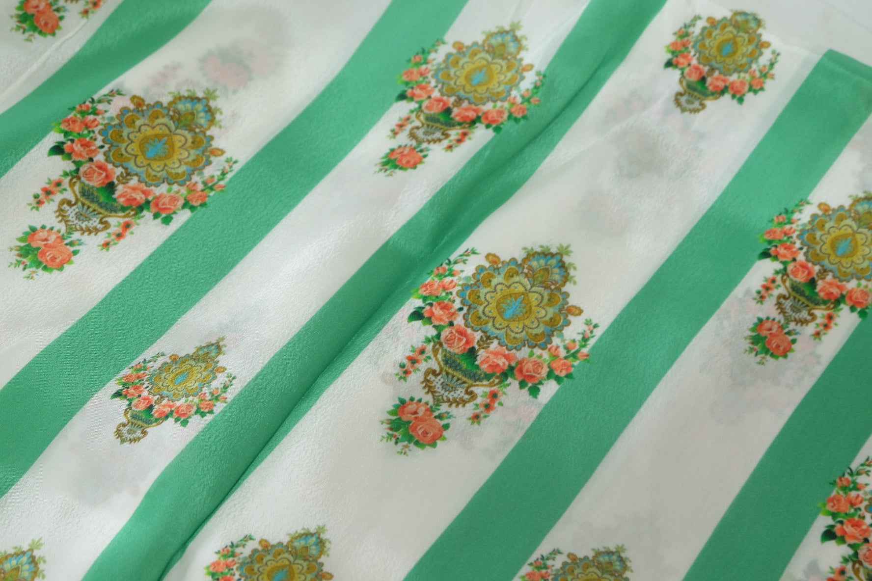 Emerald Stripe Floral Pure Cupro Fabric – 2.2 yd